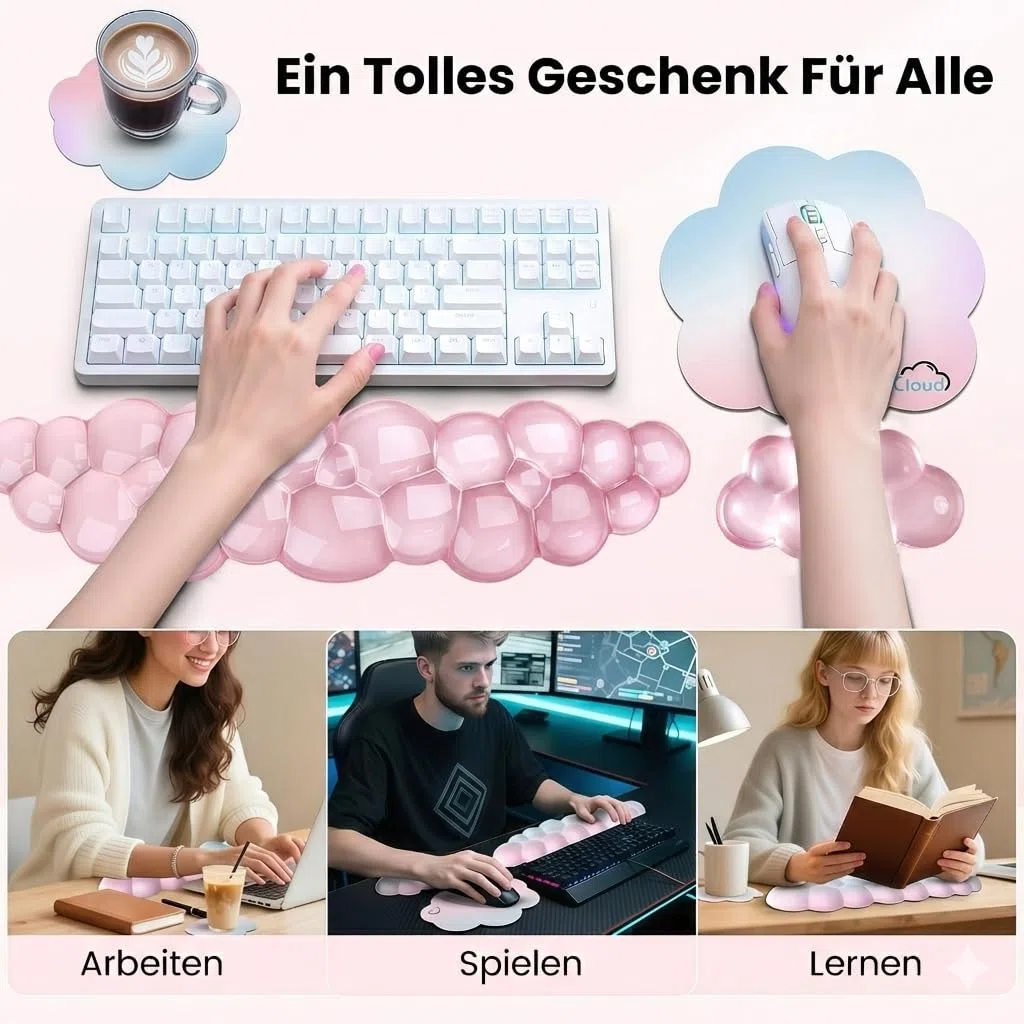Juego de accesorios para gaming, reposamuñecas teclado y alfombrilla de ratón, reposamuñecas teclado para aliviar el estrés, rosa Cloud Desk