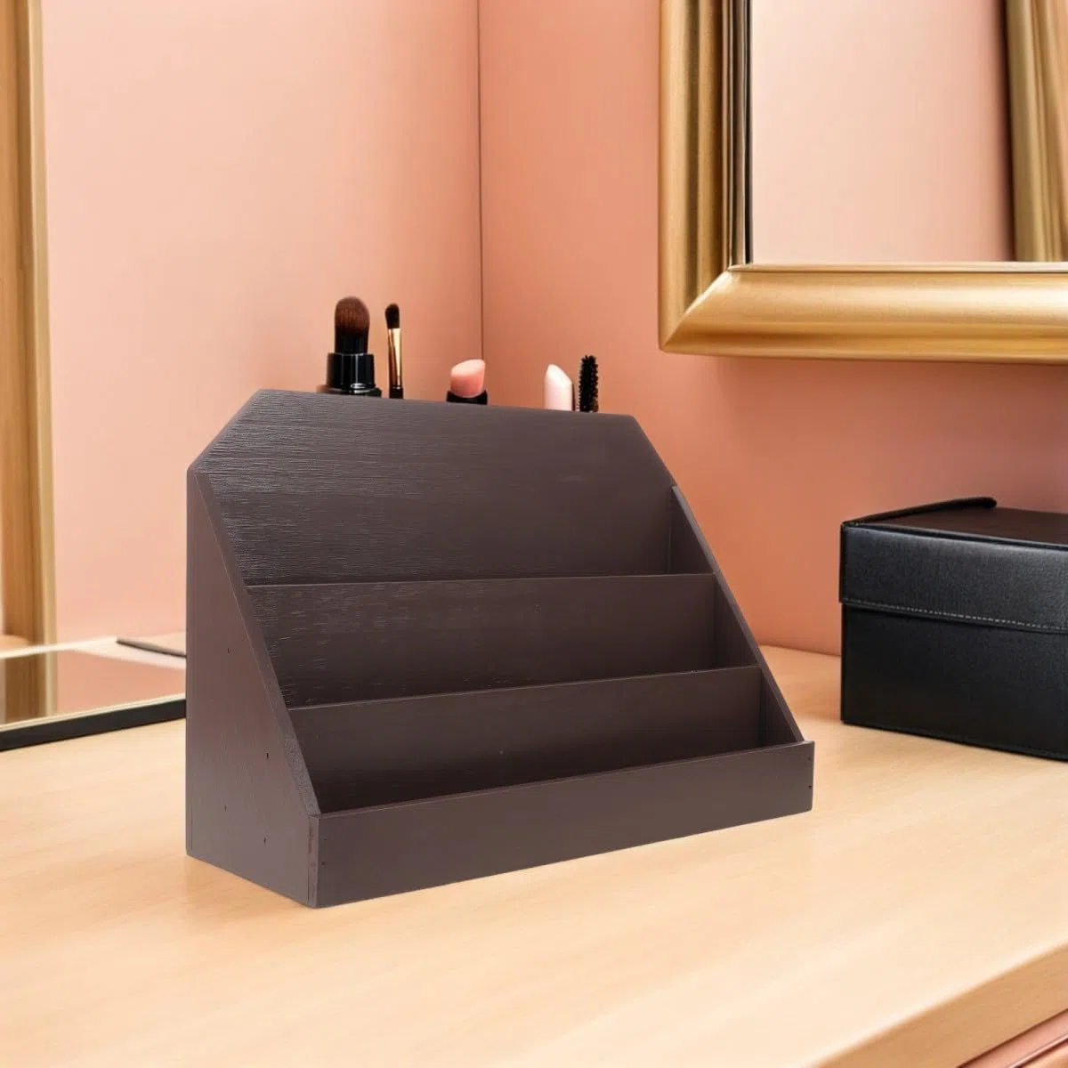 Soporte Expositivo de Tarjetas 3 Niveles de Madera para Mesa | Divisor Multinivel, Color Café, Uso en Oficina y Hogar, para Tarjetas de Visita y Fotos