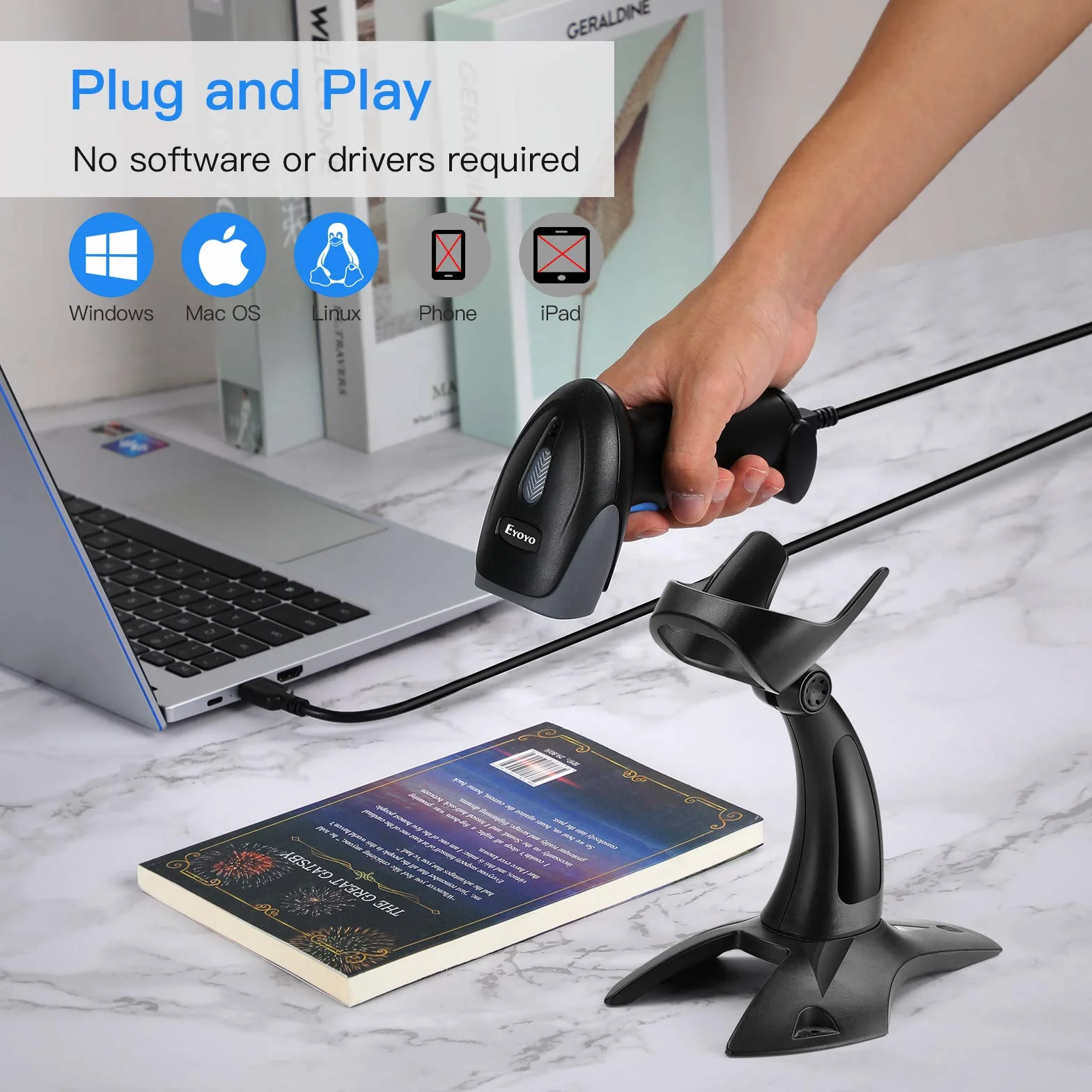 Eyoyo Escáner de códigos de Barras 1D 2D QR con Soporte, escáner de Cable USB portátil para gestión de inventarios, código de Barras portátil/Lector de códigos QR, escáner de detección automática
