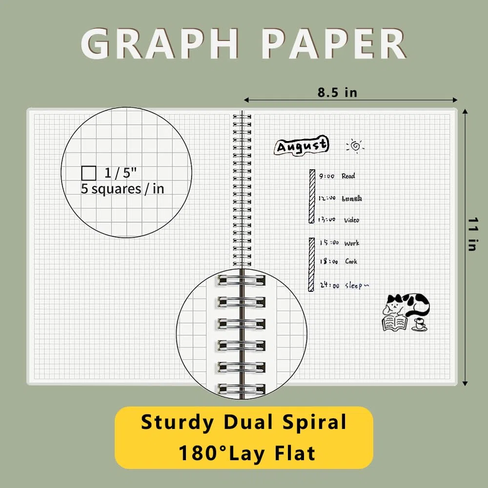 Cuadernos en espiral A4 de 8.5 x 11 pulgadas con papel grueso de 120 g/m², banda elástica extraíble y cubierta transparente, 160 páginas por diario de cuadrícula (paquete de 4, A4)