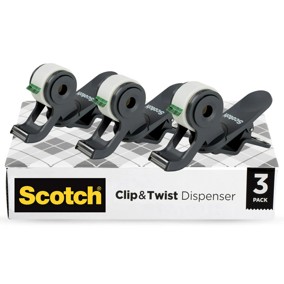 Scotch Dispensador de cinta Clip & Twist, clips a escritorios, mesas, gris carbón fácil, paquete de 3