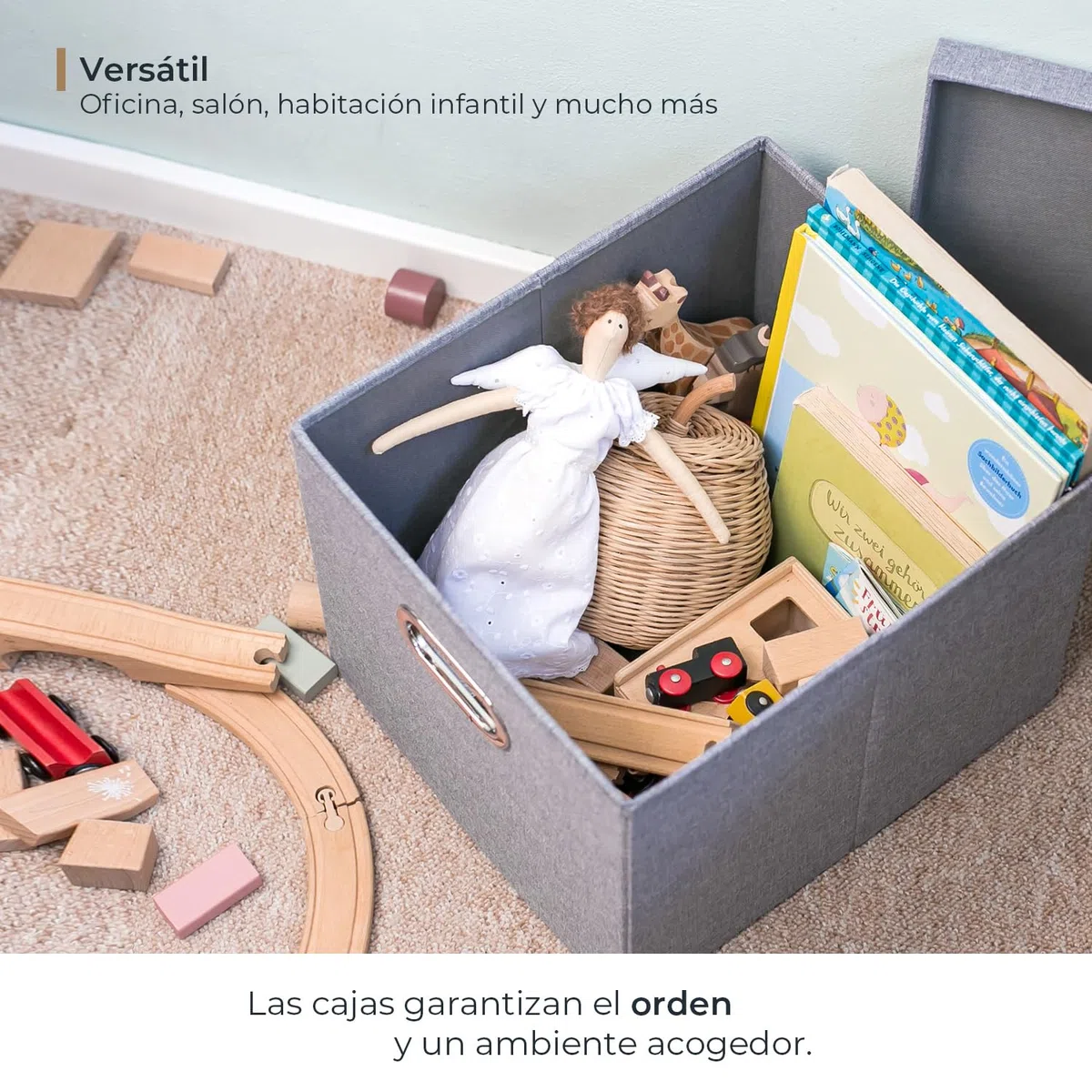 HMF Caja de almacenamiento con tapa para carpetas colgantes DIN A4 | Apto para Kallax | 33 x 37,5 x 28 cm | Gris
