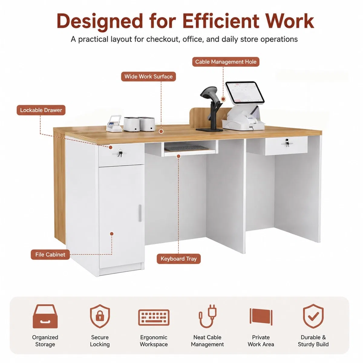 Mostrador de Recepción con Estantes y Almacenaje, Mostrador Caja para Tienda, Salón, Boutique, Librería, Comercio y Recepción Moderna Pro Comercial(White+Orange Right,80cm/31.5")