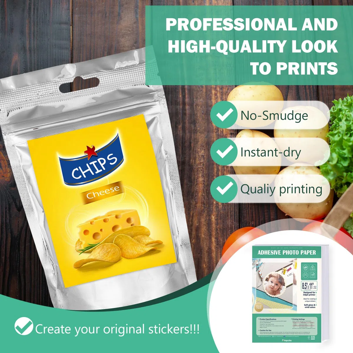 Papel fotográfico autoadhesivo de 8.5 x 11 pulgadas, adhesivo fotográfico brillante para impresora de inyección de tinta, paquete de 100 unidades, 115 g/m² (P8511YB115AG)