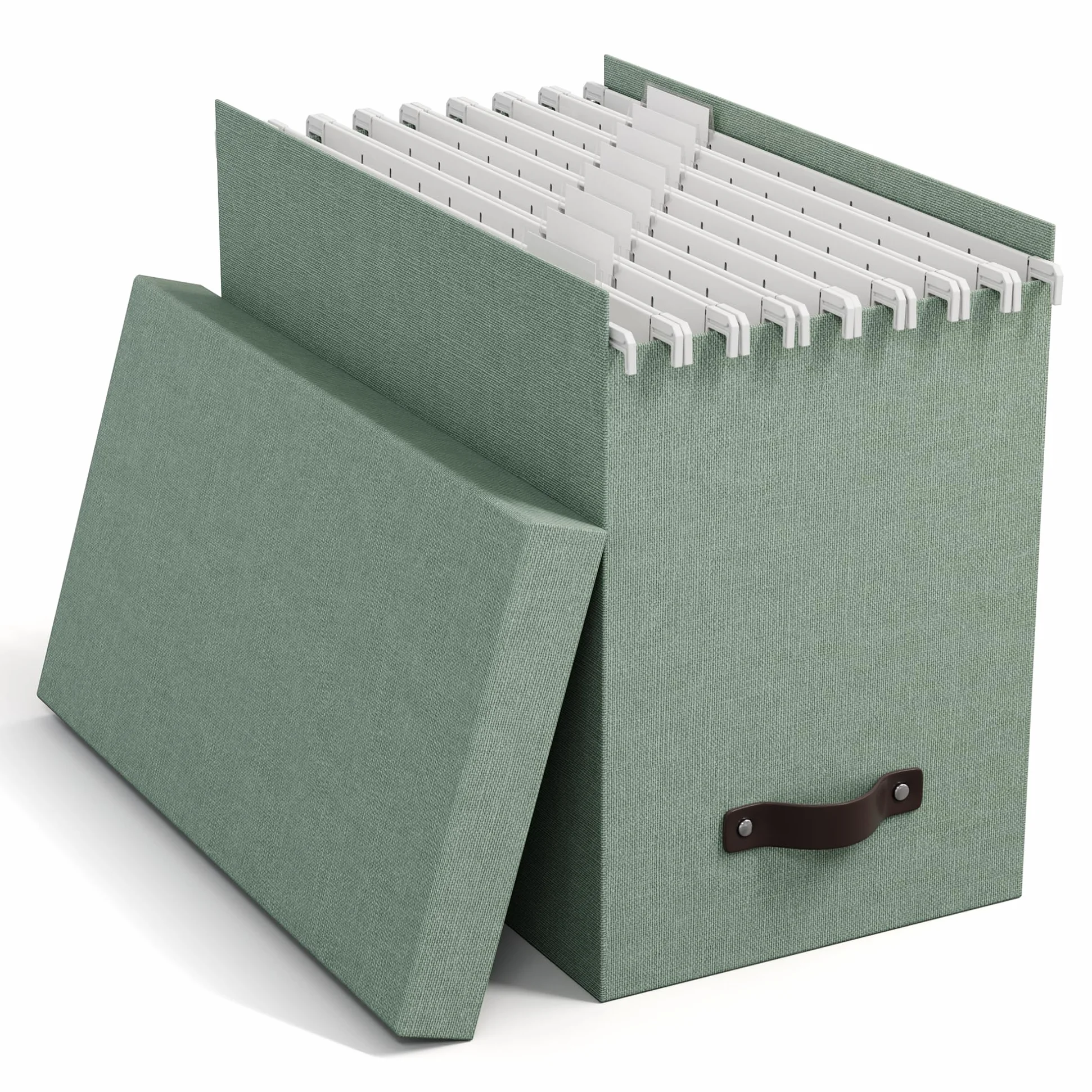 BIGSO JOHAN Caja para archivar con tapa, elegante caja de archivo, incluye 8 carpetas colgantes, caja colgante de tablero de fibra y papel con elegante aspecto de lino, color verde menta
