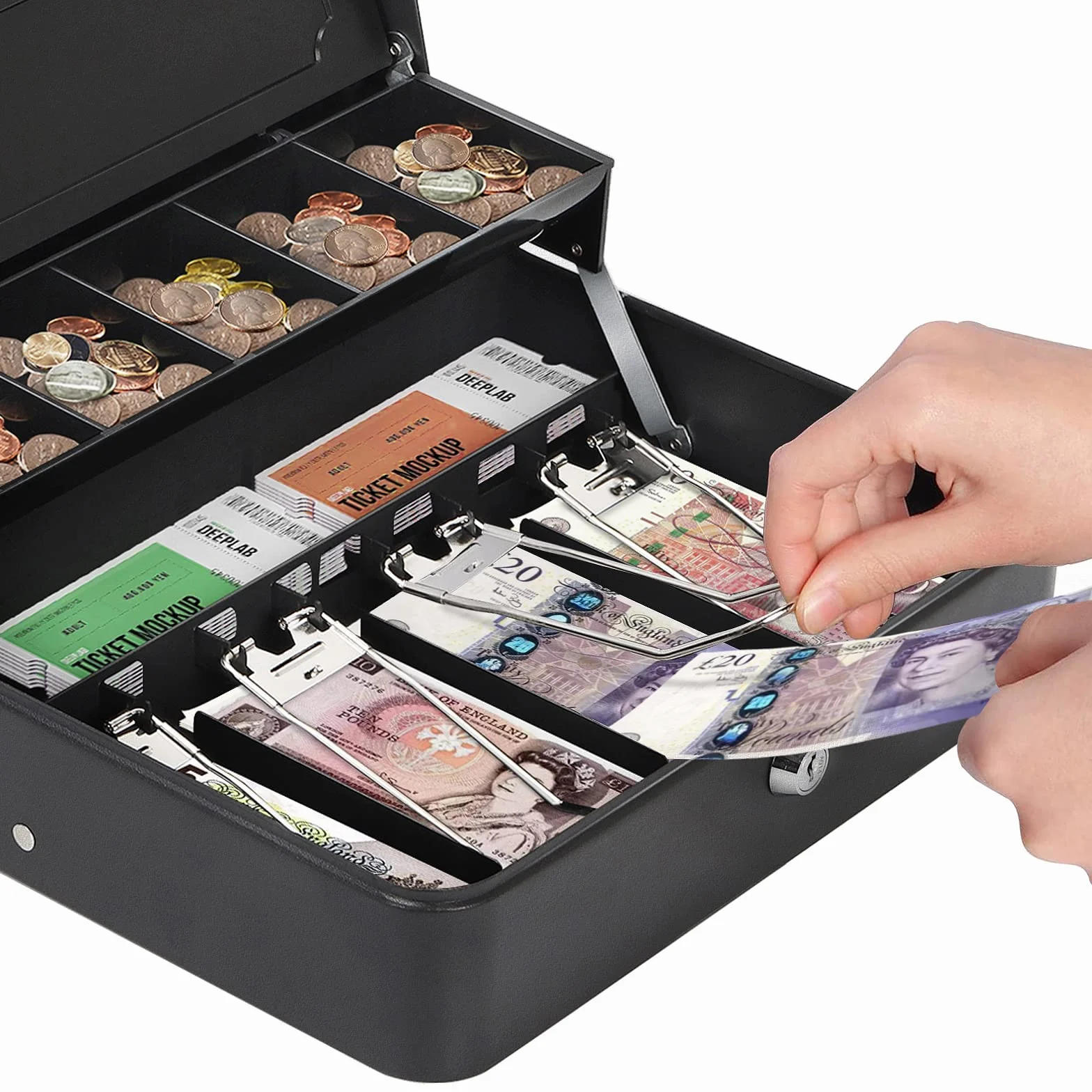 HAITRAL Caja Dinero con Llave, Caja de Seguridad de Metal, Caja de efectivo bloqueable, con 5 Compartimentos Monedas y 4 Compartimentos Billetes, Caja fuerte portatil, 30 x 24 x 9 cm, Negro