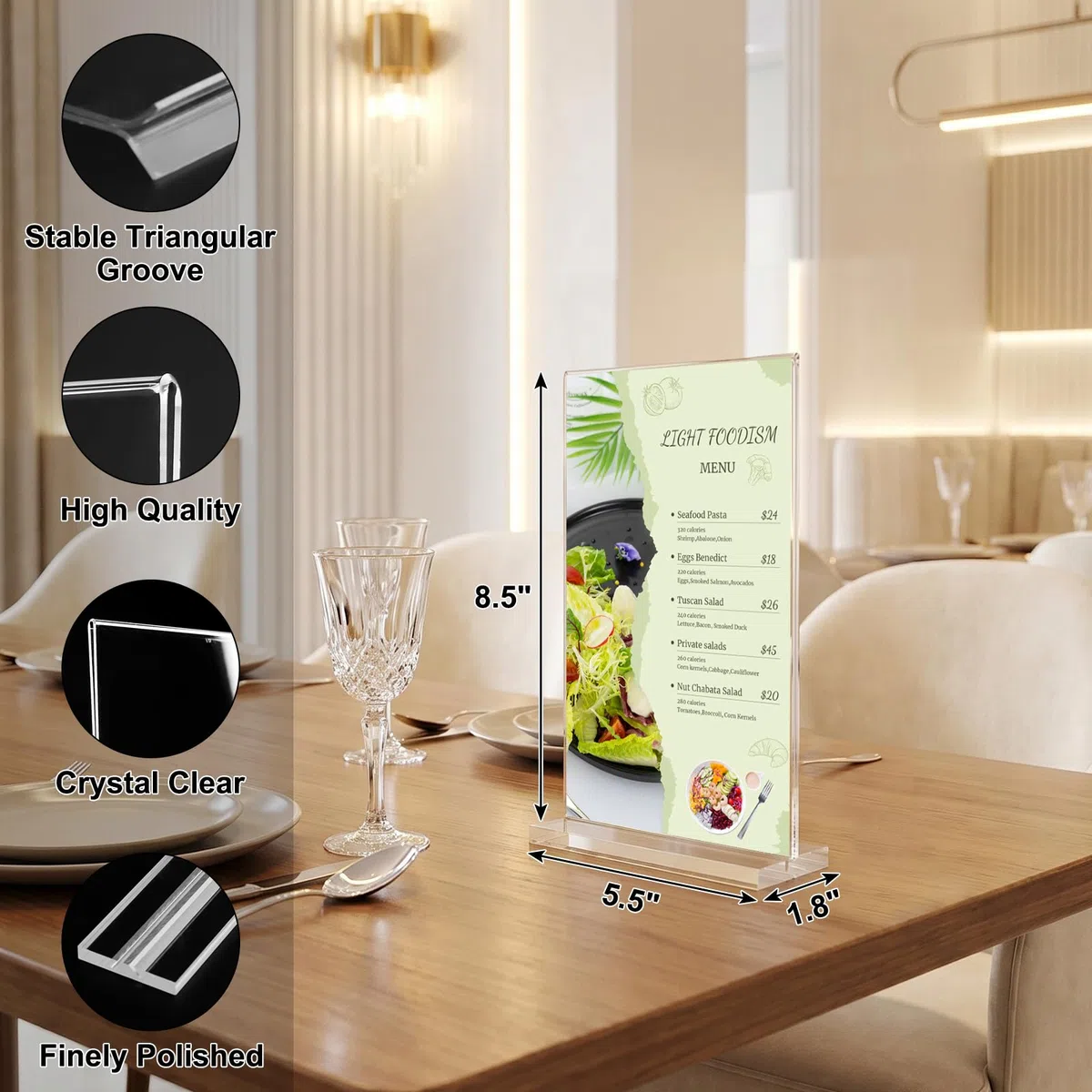 xydstay Paquete de 6 soportes acrílicos para letreros de 8.5 x 5.5 pulgadas, soporte vertical de plástico transparente en forma de T, soporte de menú, soporte de letrero de mesa irrompible para