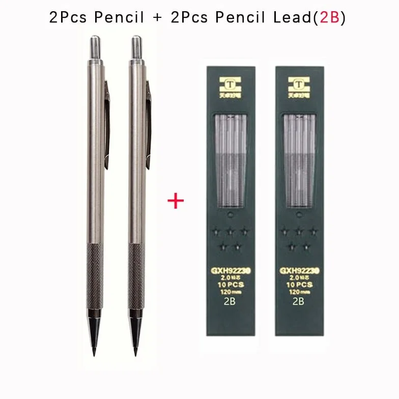 Lápiz mecánico de Metal de 2,0 mm, lápiz automático, Minas reemplazables 2B y HB, lápiz automático para Arte (1 lápiz) (4 Minas HB)