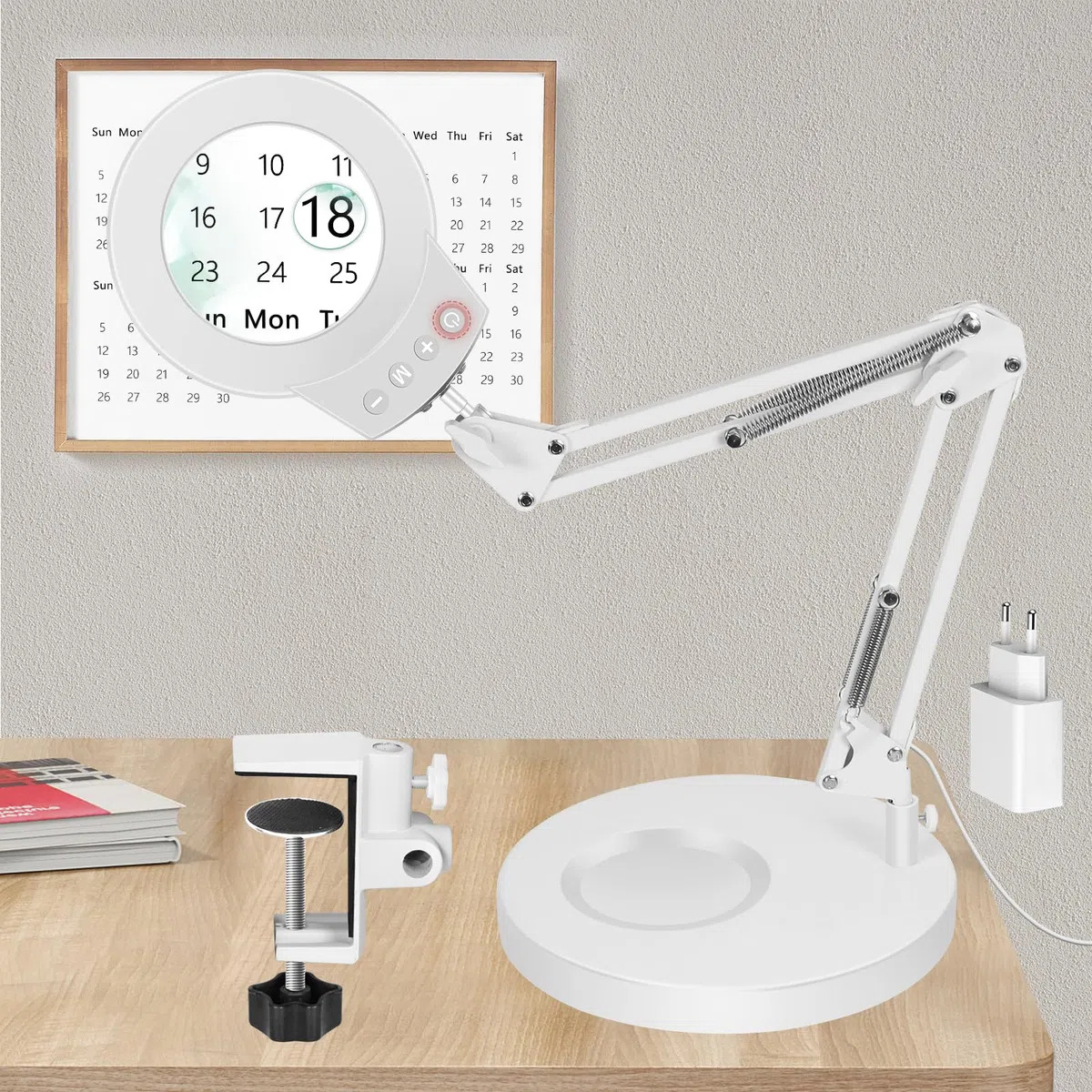NOEVSBIG Lupa 2 en 1 con luz y soporte, lupa 10 x y 5 x, lámpara de escritorio con gran base y abrazadera, 3 modos de color, regulable, lámpara de lupa LED para hobby, lámpara con lupa con soporte