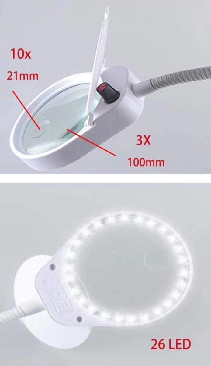 Lámpara de abrazadera de lupa de 3 x 10 aumentos con 26 luces LED, regulable, brazo giratorio ajustable, lupa iluminada para lectura, manualidades, reparación, lupa negra