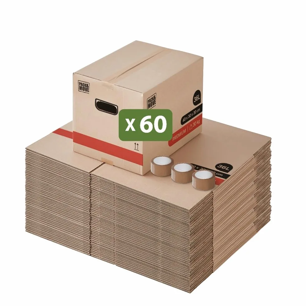 Pack and Move – Lote de 60 cajas para mover libros premium – 40 x 30 x 30 cm – Extrema resistencia 30 kg – Asas reforzadas – 3 adhesivos