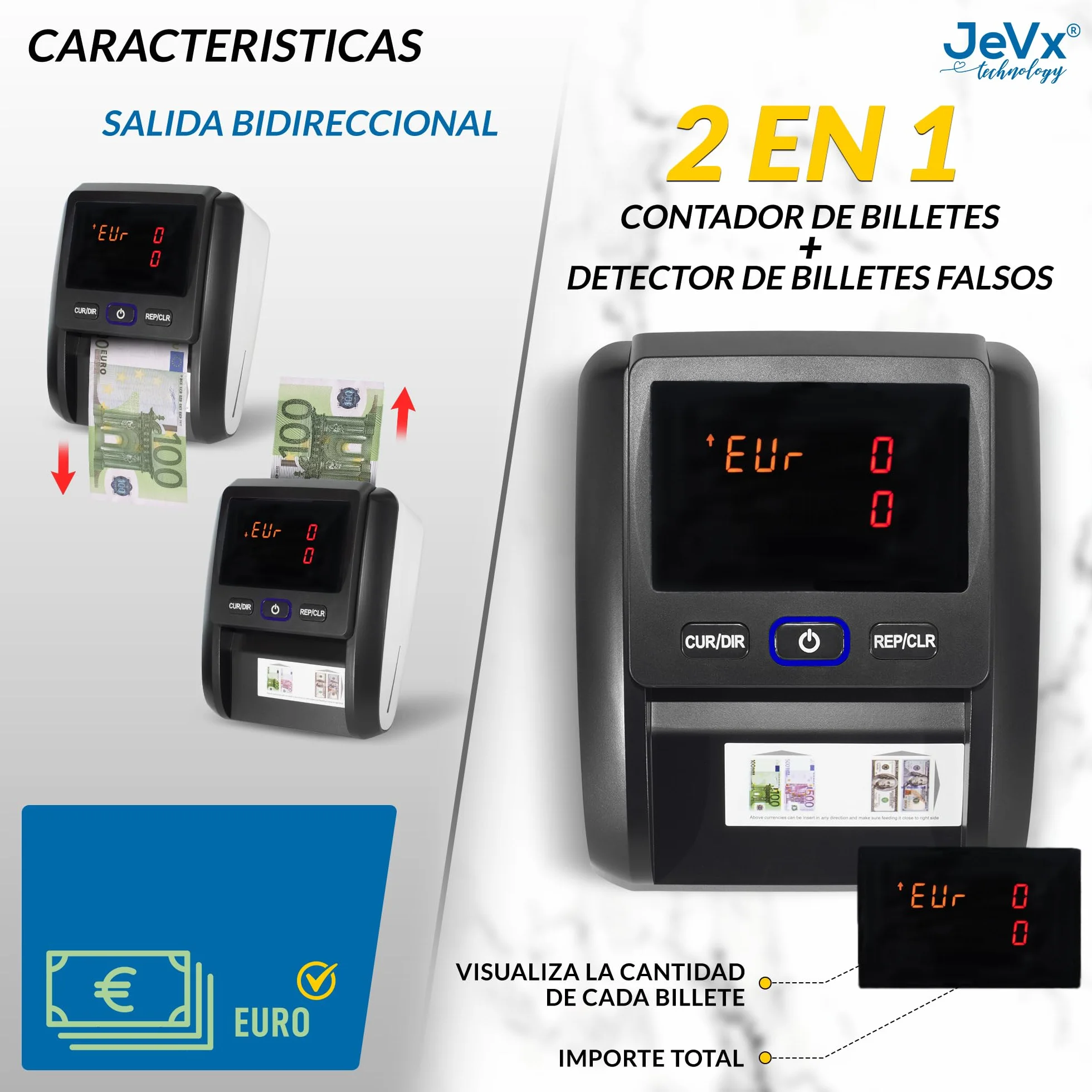 Detector Billetes Falsos 2026 y Contador de Billetes, 9 Sistemas de Seguridad, Comprobador Billete Euro
