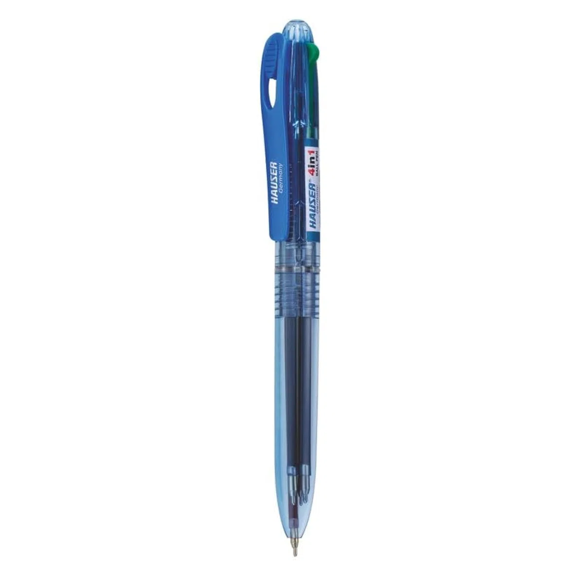 Hauser Germany Caja retráctil 4 en 1, cuerpo transparente duradero, 4 colores de tinta en un bolígrafo, sistema de tinta de baja viscosidad, sistema de escritura de flujo acu, azul, negro, tinta roja