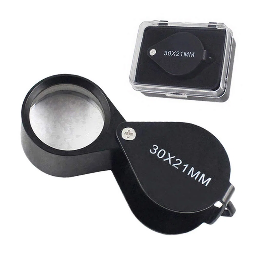 iKKEGOL Lupa de bolsillo para joyas, 30 x 21 mm, plegable, lupa de cristal, cuerpo de metal, color negro con caja