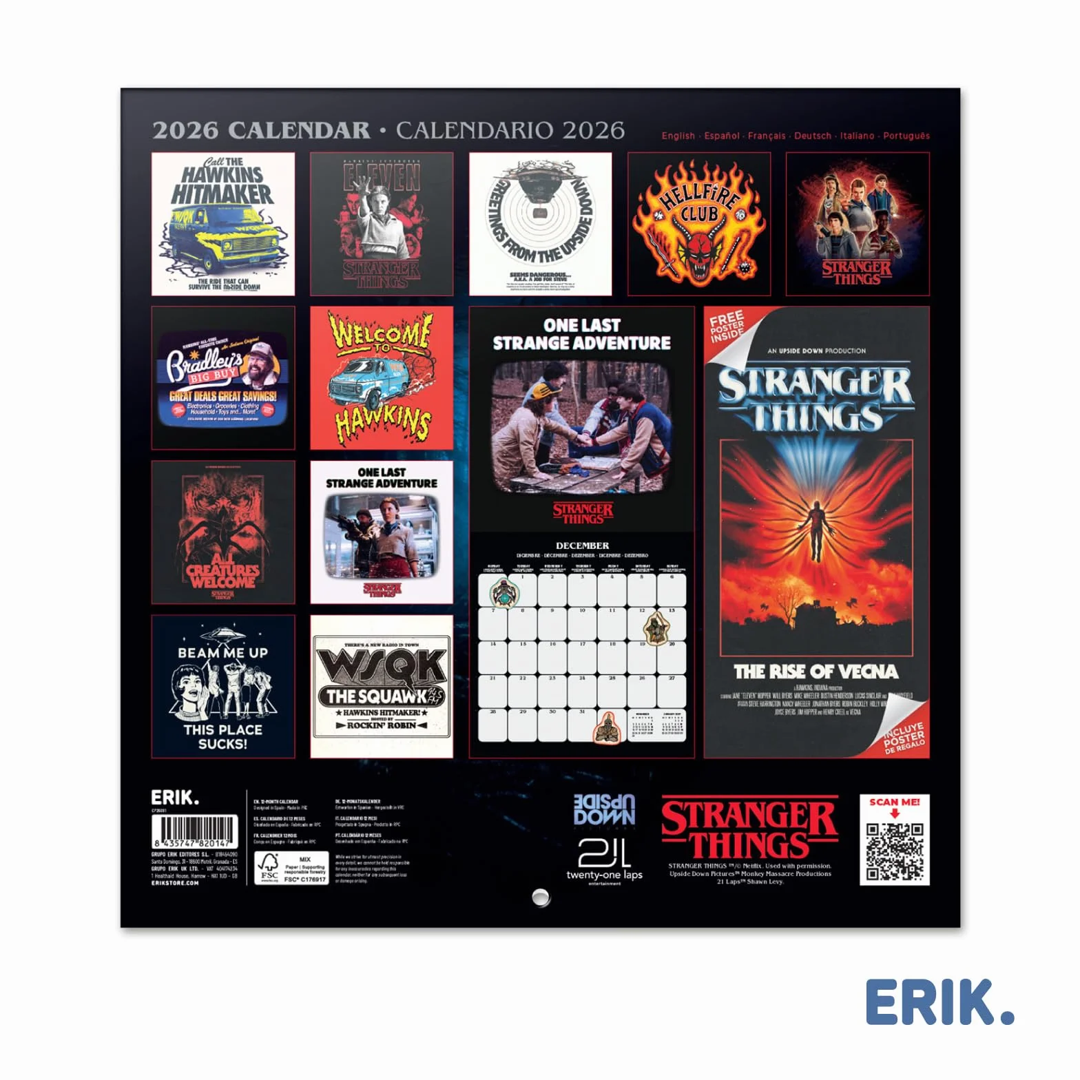 Grupo Erik Calendario Stranger Things 2026 pared - Almanaque pared 2026 : Planificador mensual Con espacio para Anotar, Ilustraciones y Fácil de colgar (30x30cm) - Stranger Things Merchandising