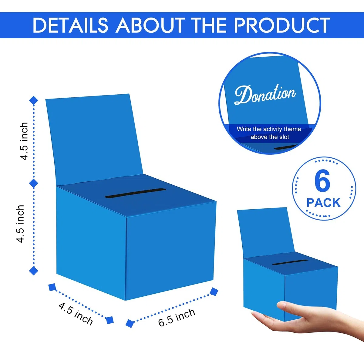 6 cajas de rifa, caja de donación para recaudación de fondos, caja de cartón de 6.5 x 4.5 x 4.5 pulgadas con ranura para boletos y cabecera extraíble para coleccionar tarjetas de visita concurso de