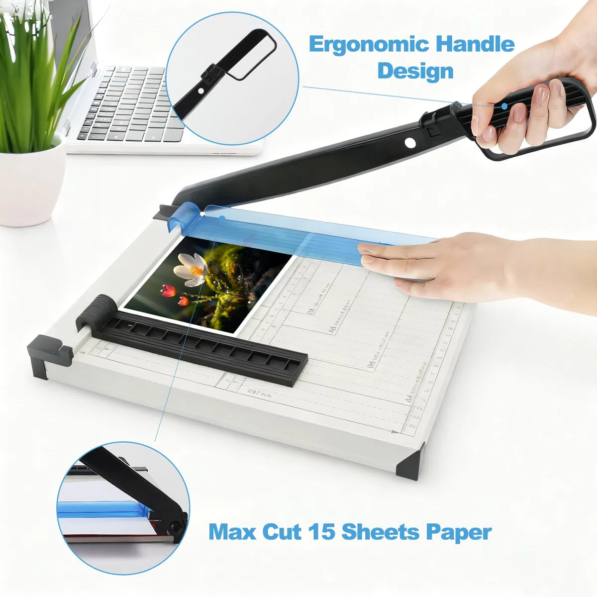 Cortador de Papel de Guillotina A4, Dispositivo de Protección, Cizalla Papel A4 B5 A5 B6 B7, Capacidad de 15 hojas, cortador de papel manual de precisión para papel, cartón, fotos, tarjetas