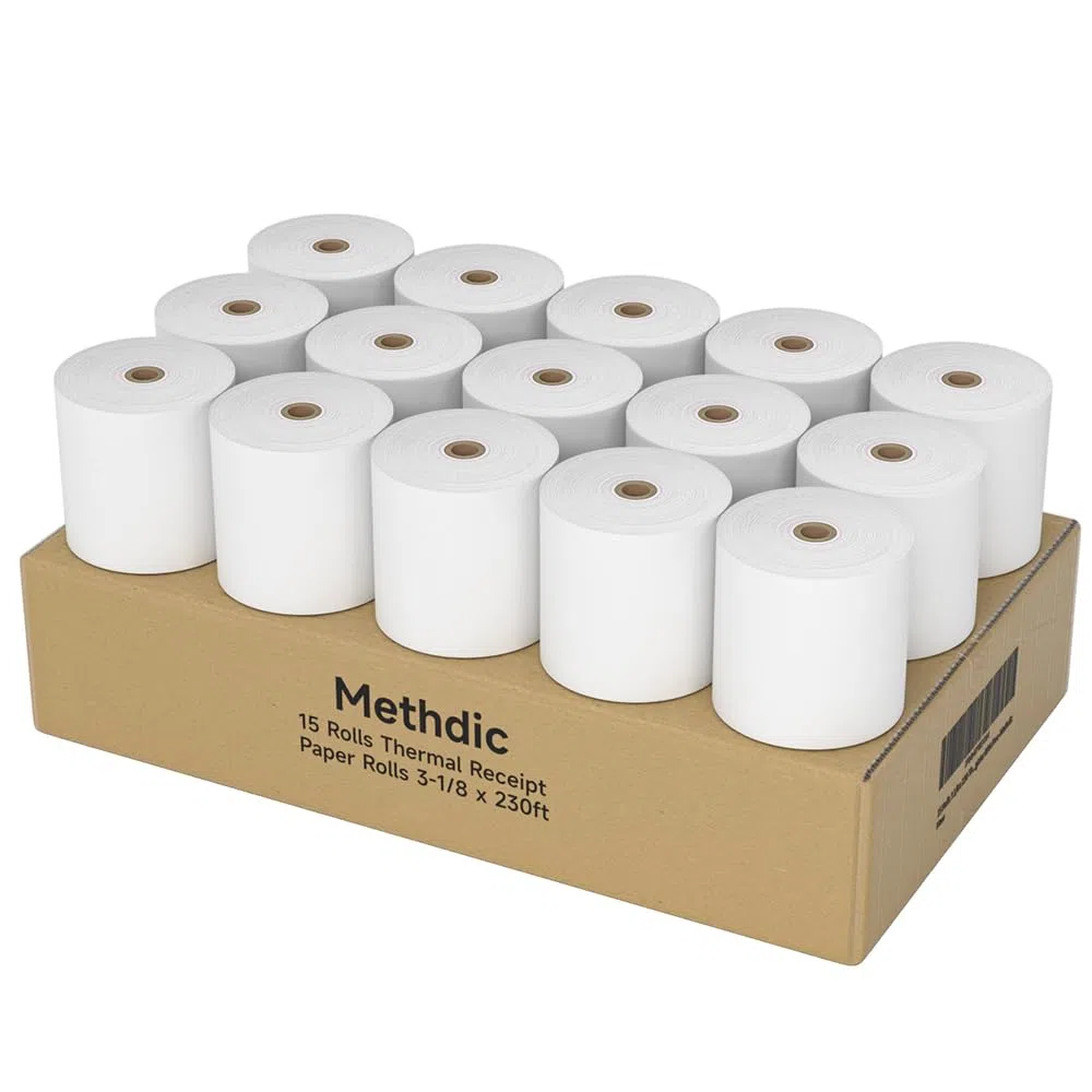 15 rollos de papel térmico de 3 1/8 x 230 pulgadas, 55 g/m², papel grueso de alta calidad para caja registradora POS, sin BPA. Methdic