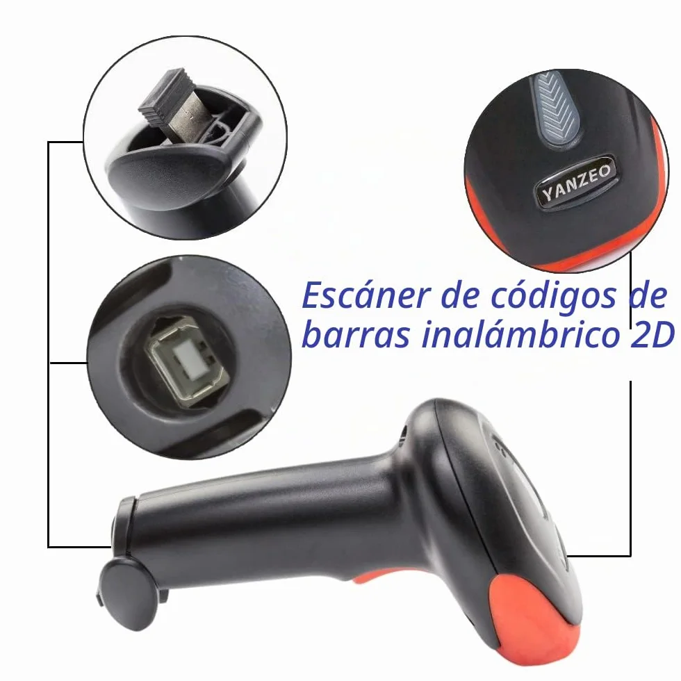 Yanzeo Escáner de código de Barras Inalámbrico 2.4G USB Láser 2D QR POS