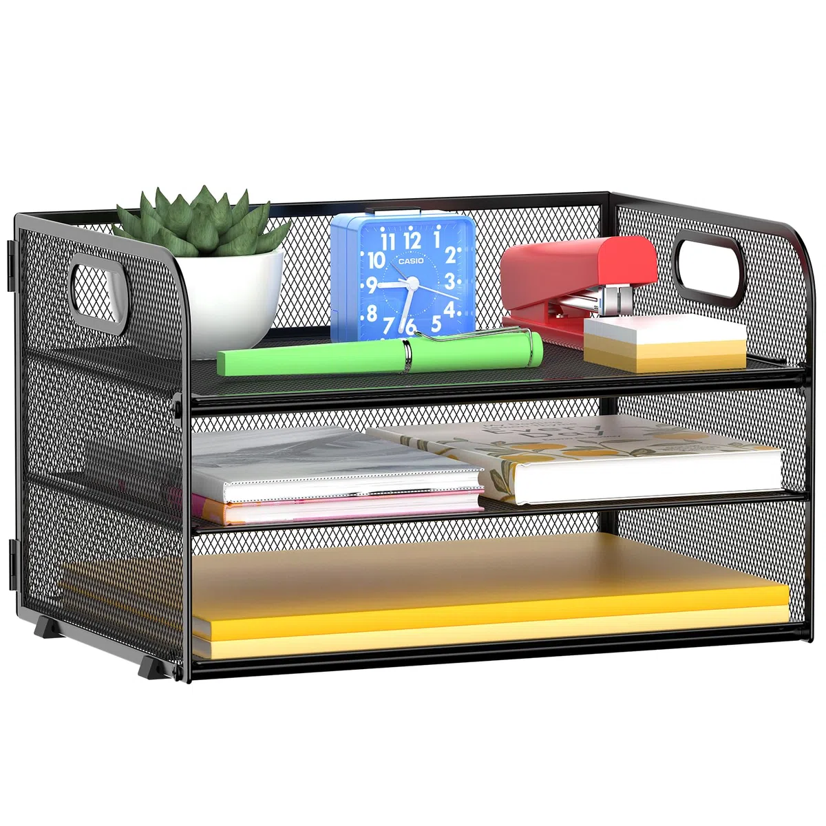 MINDEPOT Bandeja organizadora de papel de 3 niveles con asa, bandeja de malla para cartas, oficina, hogar, escuela (1 paquete), color negro