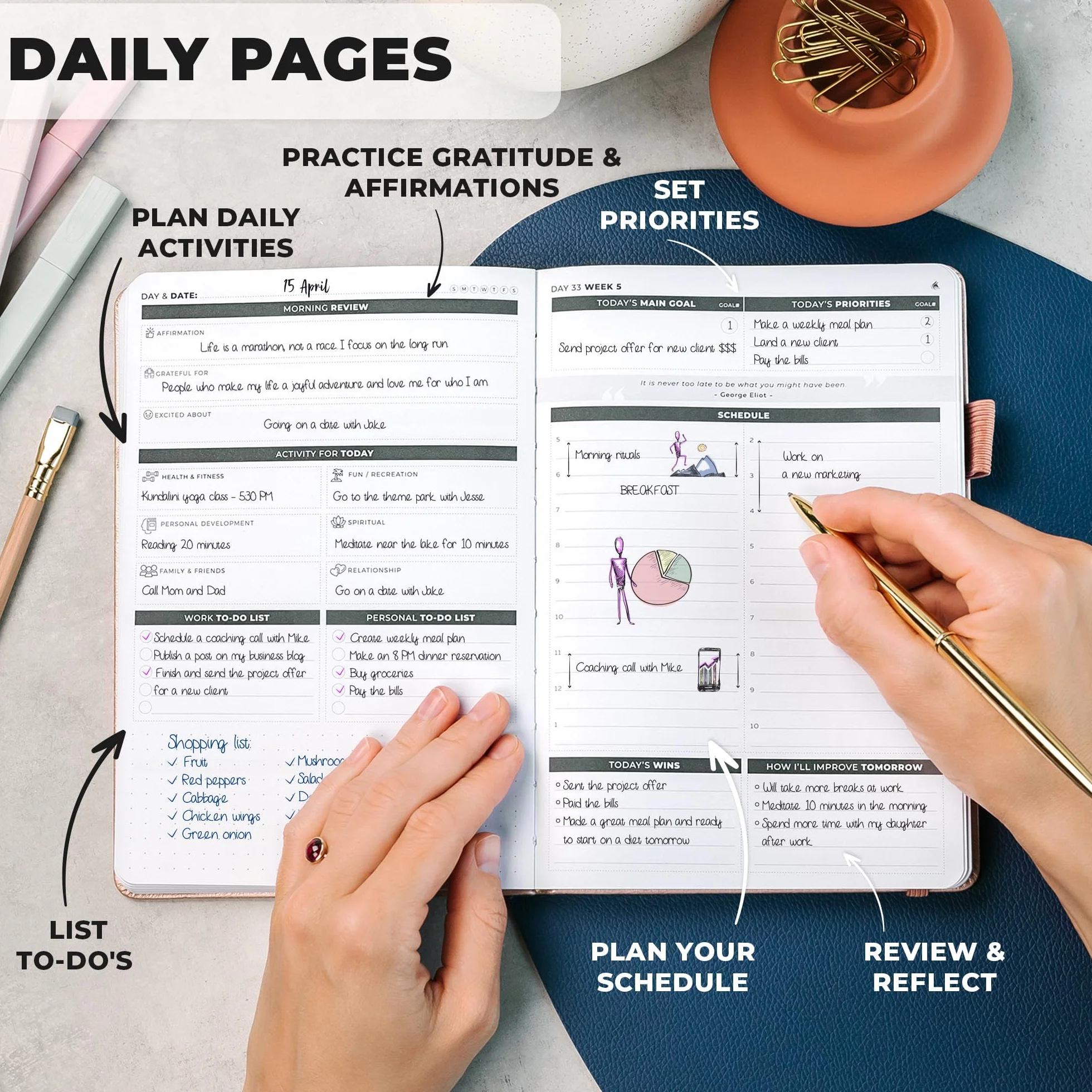 Clever Fox Ultimate Achiever's Goal Planner - Agenda de 90 días de enfoque y productividad. Organizador diario semanal mensual y cuaderno de horario por hora, sin fecha, tapa dura, tamaño A5, oro rosa