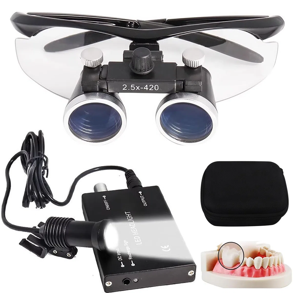 Lupa Binocular Dental, Aumento De 2,5X/3,5X, con Faro De 5W + Filtro, Distancia De Trabajo 320-420mm, Lupa De Montaje En La Cabeza para Laboratorio Dental Black-2.5X