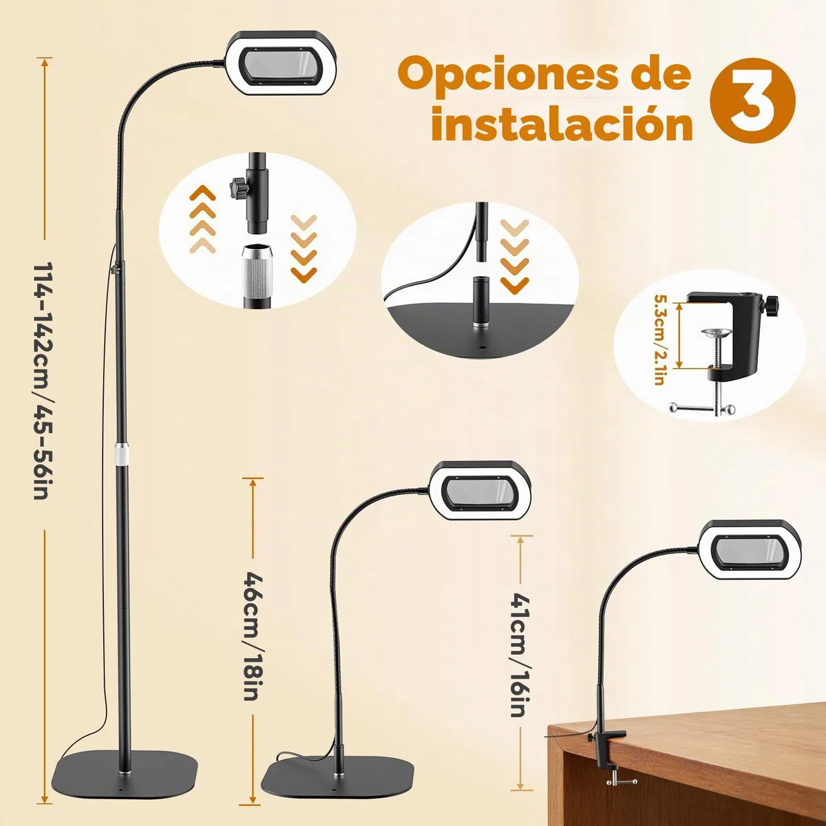 10X Lupa con Luz y Soporte, 3 en 1 Lámpara de Aumento de Piso con 60 LED de Brillo Ajustable, 5 Modos de Color, Lupa Iluminada para Trabajos de Cerca, Costura, Manualidades, Pasatiempos