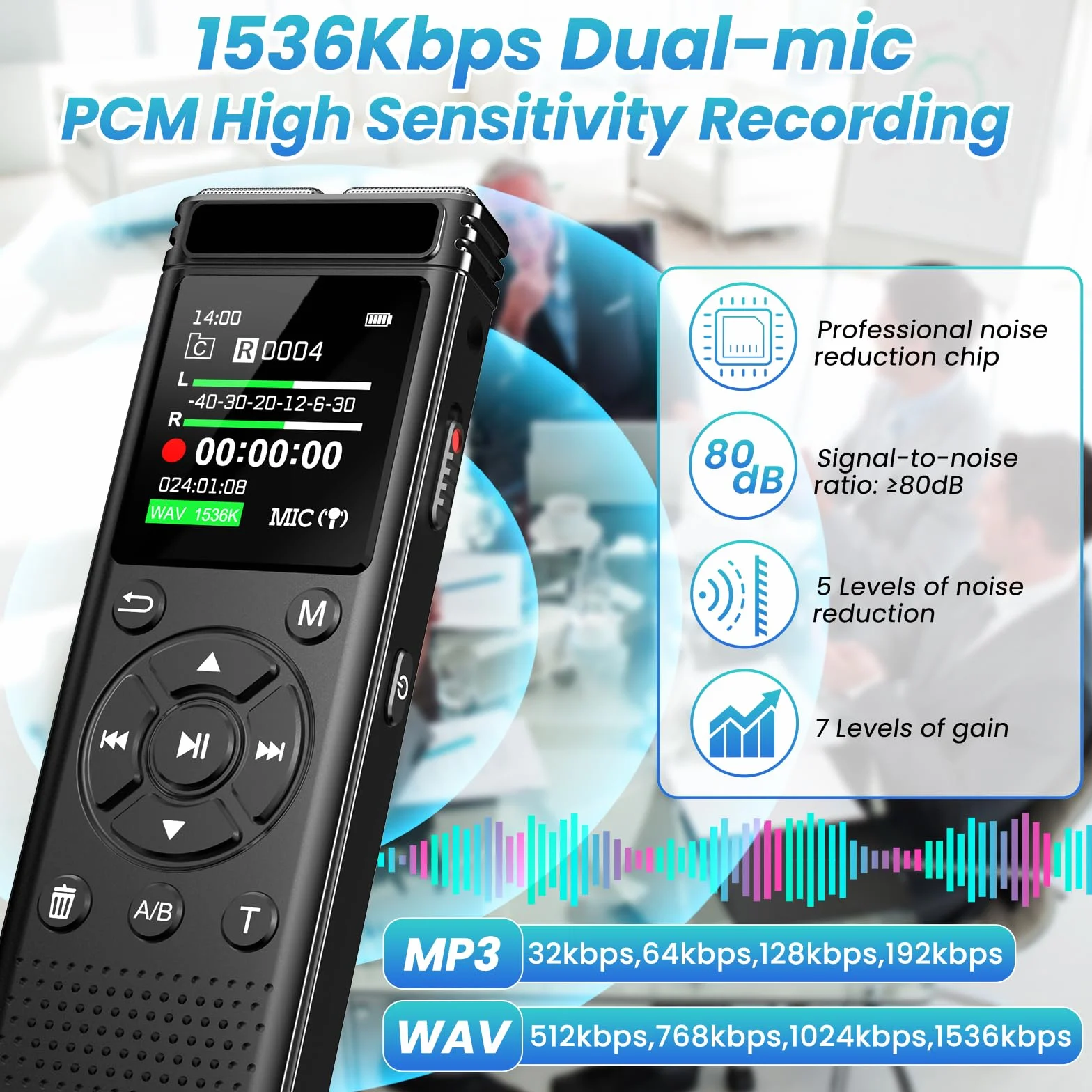 Grabadora de voz digital de 136 GB con reproducción, dispositivo de grabación de audio de 9000 horas, grabadora activada por voz con reducción de ruido, repetición A-B, reproductor de MP3 y contraseña