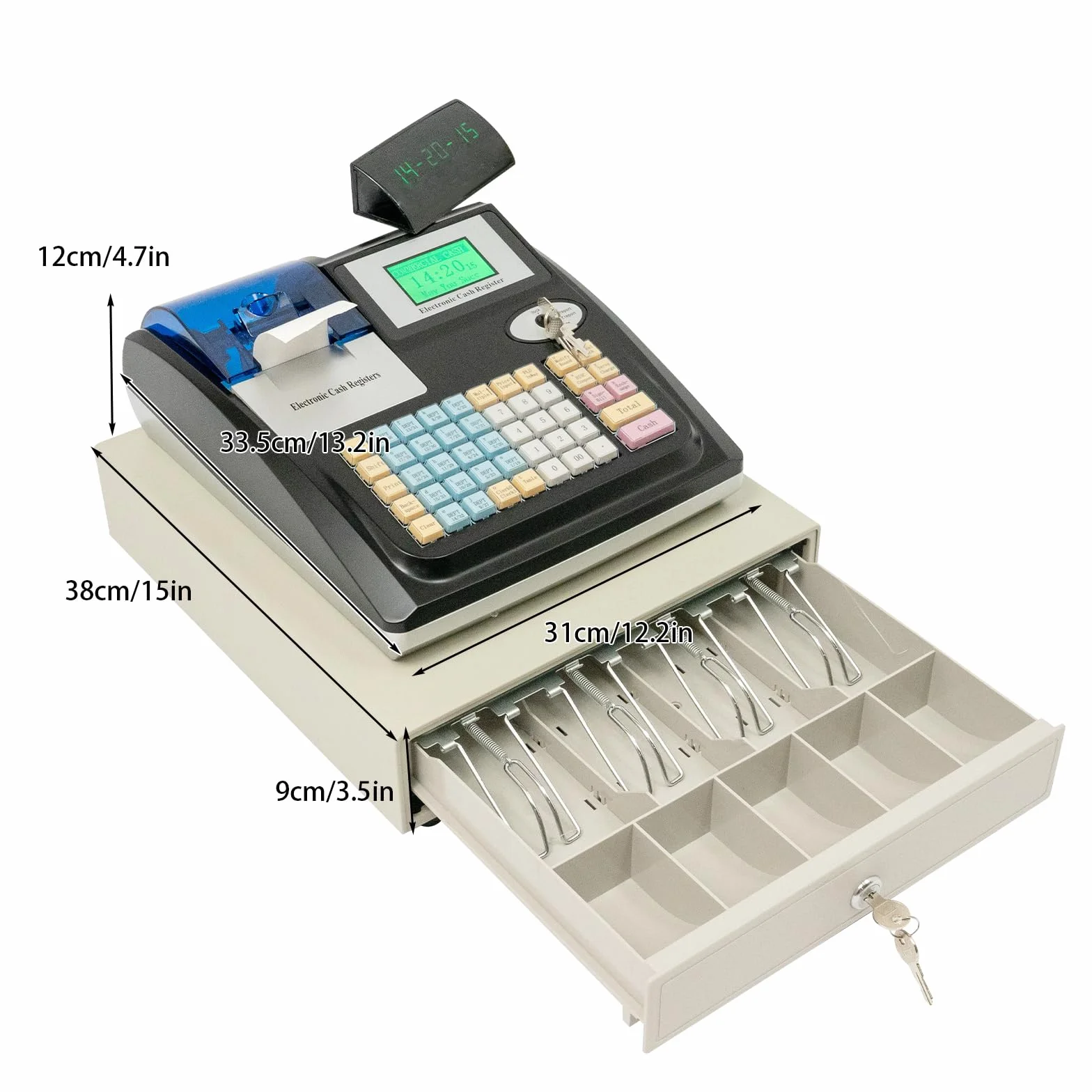 Caja registradora electrónica KumuJ Venta al por menor Sistema POS Cajón Sólido De Con 48 Teclas 40W Pantalla Digital Equipado para el Comercio, Caja registradora para Pequeñas Empresas