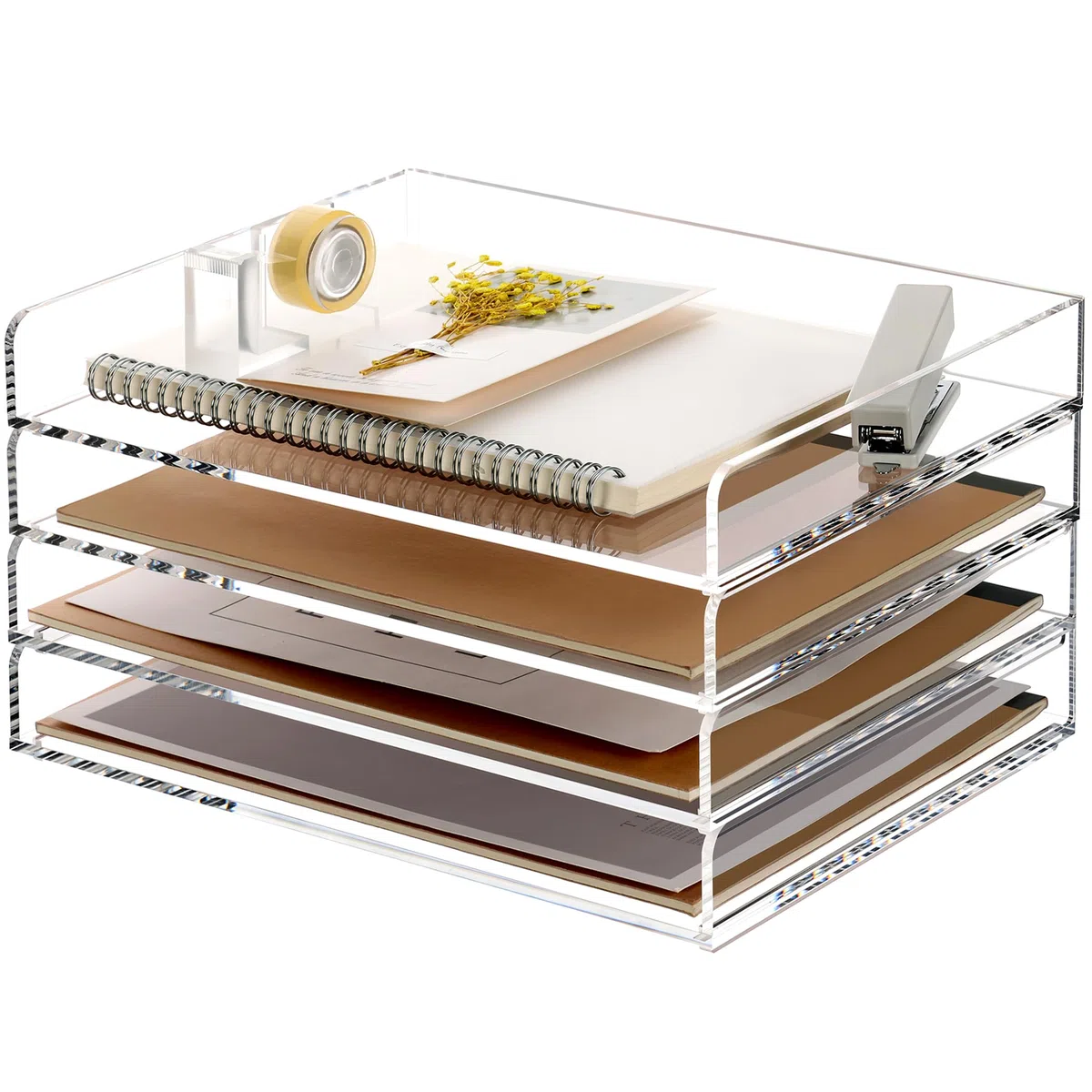 SANRUI Bandeja de papel acrílico de 4 niveles, organizador de archivos apilable para papel A4, cartas, archivos, accesorios de escritorio de oficina transparentes para el hogar, escuela, oficina