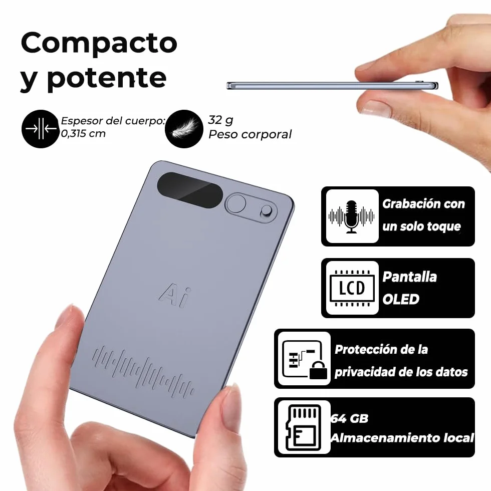 Grabadora de Voz Espía con Estuche Negro, Transcripción y Resumen IA, Soporte Multilingüe, App, 64 GB