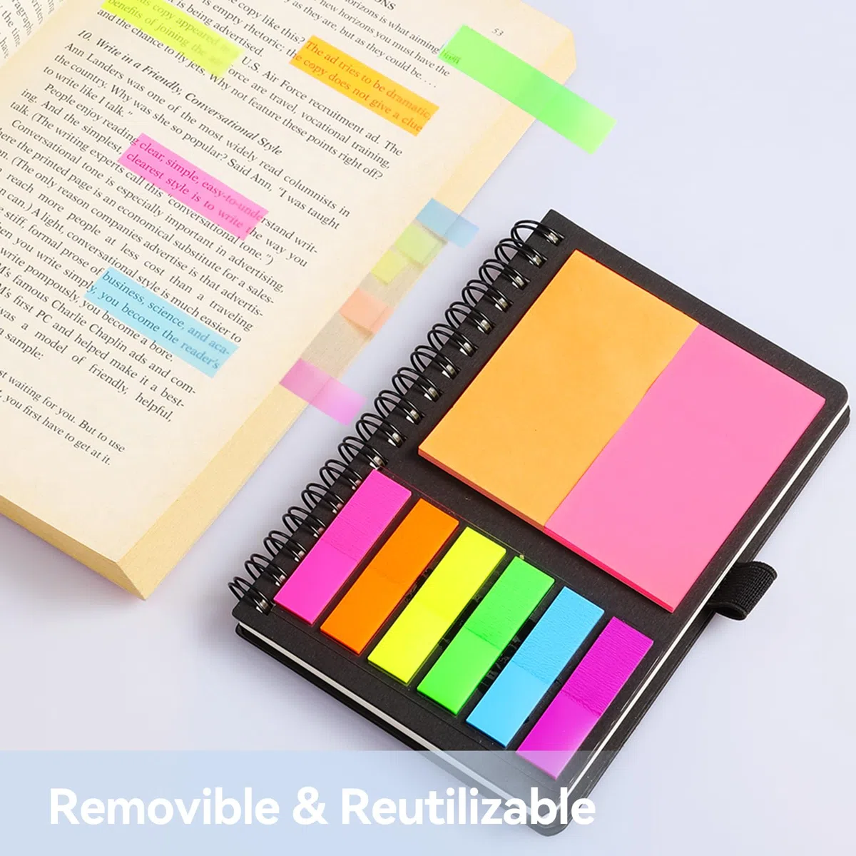 AGPTEK Libreta Pequeña A6 Cuaderno Espiral de Bolsillo con Notas Adhesivas de Colores, Bloc de Notas con Tapa Kraft para Estudio y Oficina