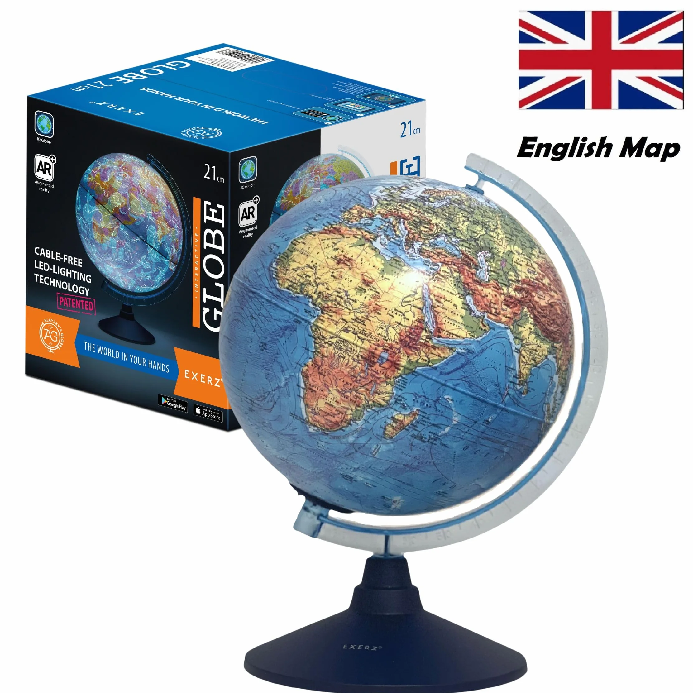 Exerz 21cm Globo terráqueo iluminado - Mapa en inglés - Mapa físico Diurno/Constelación de estrellas con iluminación (21 cm nuevo)