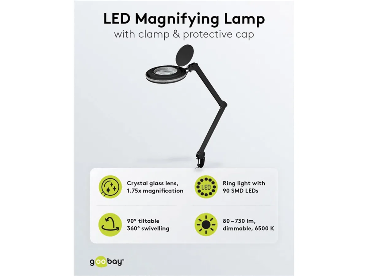 goobay 64988 Lámpara aumento LED 9W 730lm/ pinza/lente cristal 127mm 1,75 aumentos lupa trabajo cosmética, soldadura, manualidades, leer/brazo articulado/lámpara sobremesa