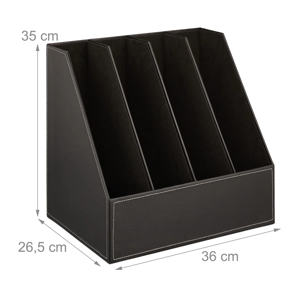 Relaxdays Colector de pie Archivador Piel Sintética, Organizador Carpetas, Revistero 4 Compartimentos, DIN A4 a C4, 35x36x26,5 cm, Negro, 35 x 18 x 26,5 cm