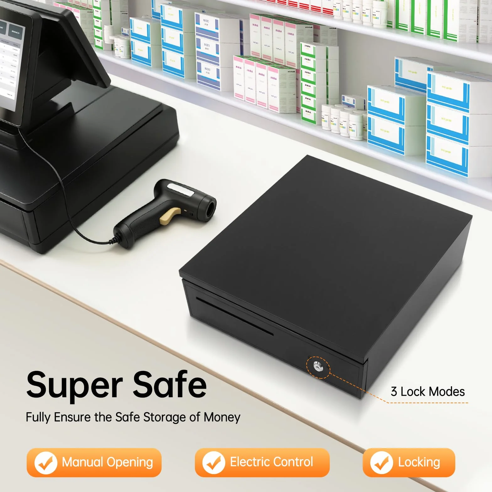 Cajón de efectivo profesional con 5 billetes y 8 compartimentos para monedas, sistema de seguridad triple, construcción de acero robusto, para cajas registradoras, tiendas y supermercados, 42 x 40 x