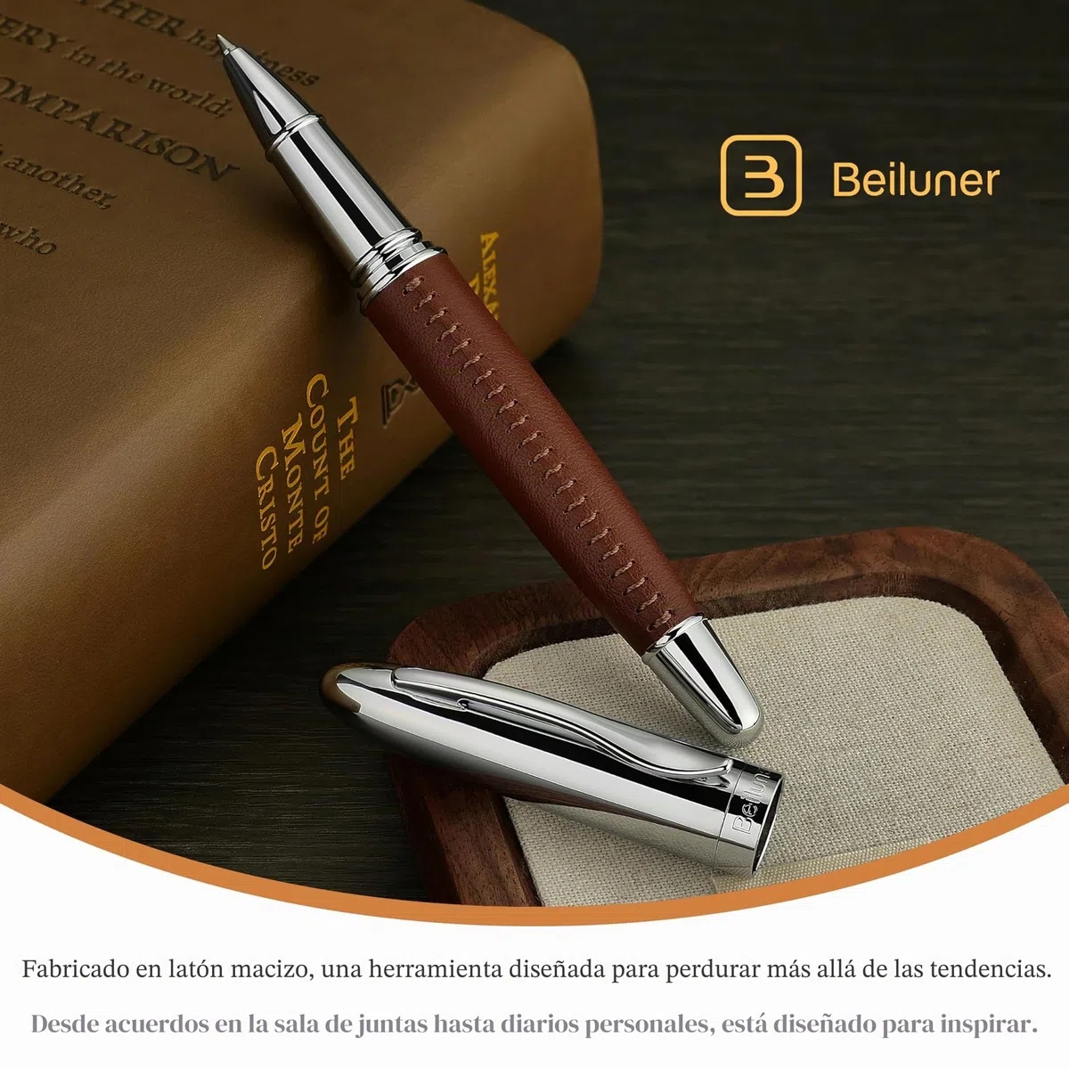 BEILUNER 318 Bolígrafo Roller de Lujo en Piel, Pelle Premium Cosida a Mano & Acabado Cromado, Recambio Schmidt, Mejor Set de Regalo Ejecutivo para Hombre y Mujer, Pluma Rellenable - Marrón