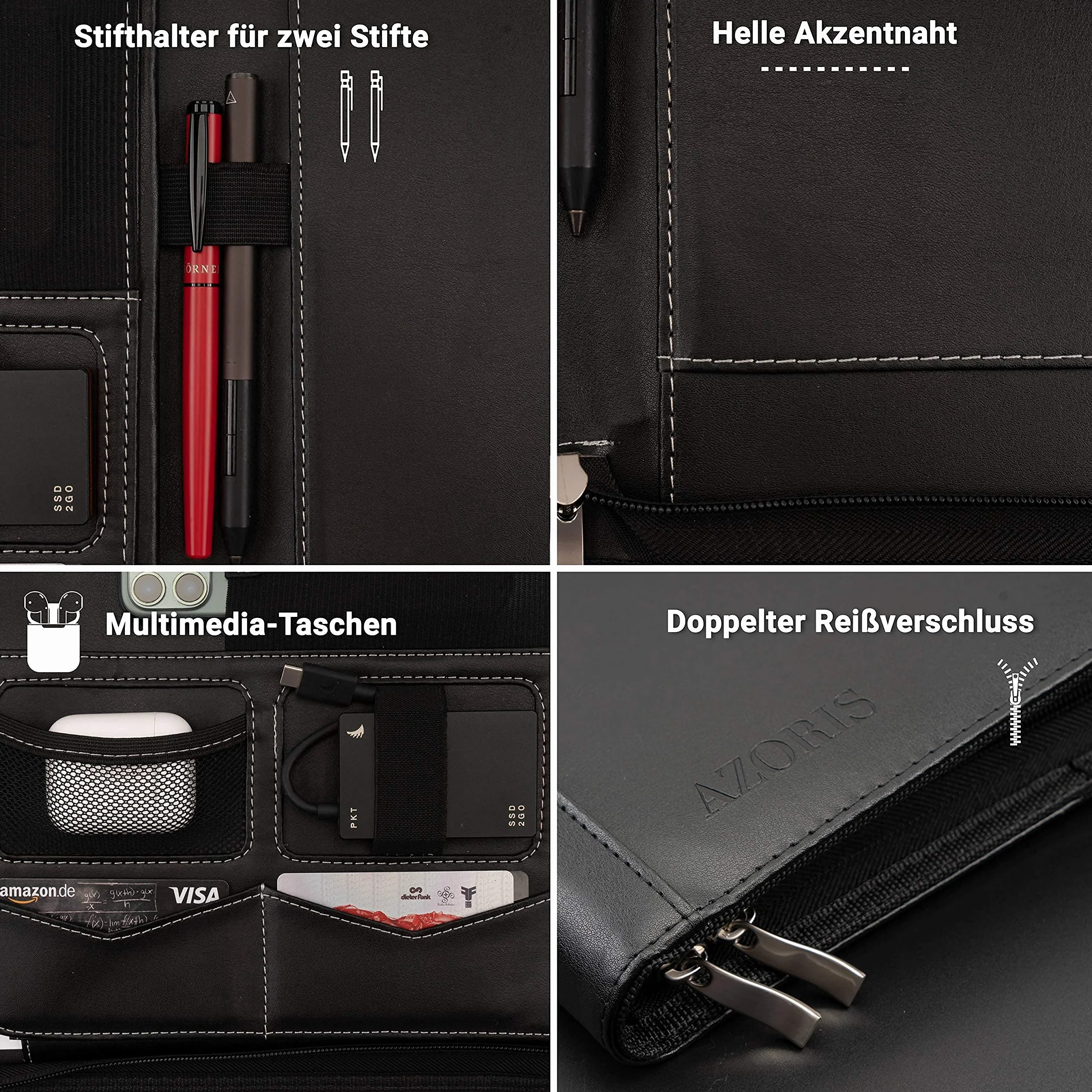 Portadocumentos A4 Premium con doble cremallera y compartimento de 13 pulgadas para la tableta, IPad Carpeta de Conferencias profesional de PU-cuero para hombres y mujeres