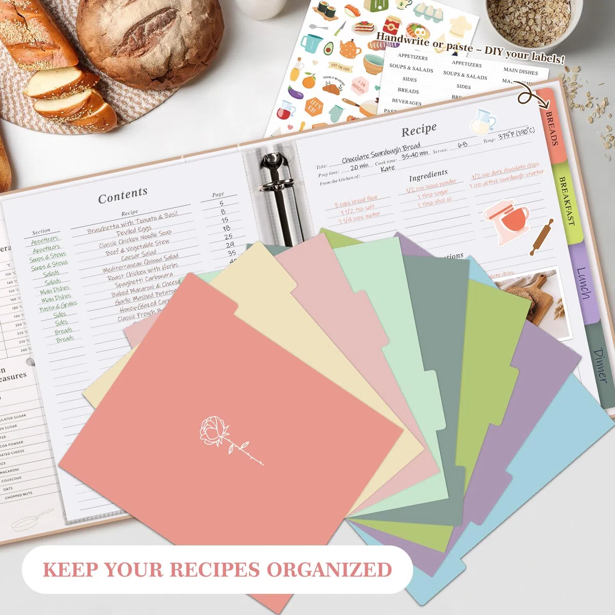 Lanpn Carpeta de Anillas para Recetas, Recetario de 3 Anillas con 8 Fundas, Recipe Journal Book Binder, Libro Recetas Cuaderno Recetas en Blanco, Recetario de Cocina para Escribir, Verde, Inglés