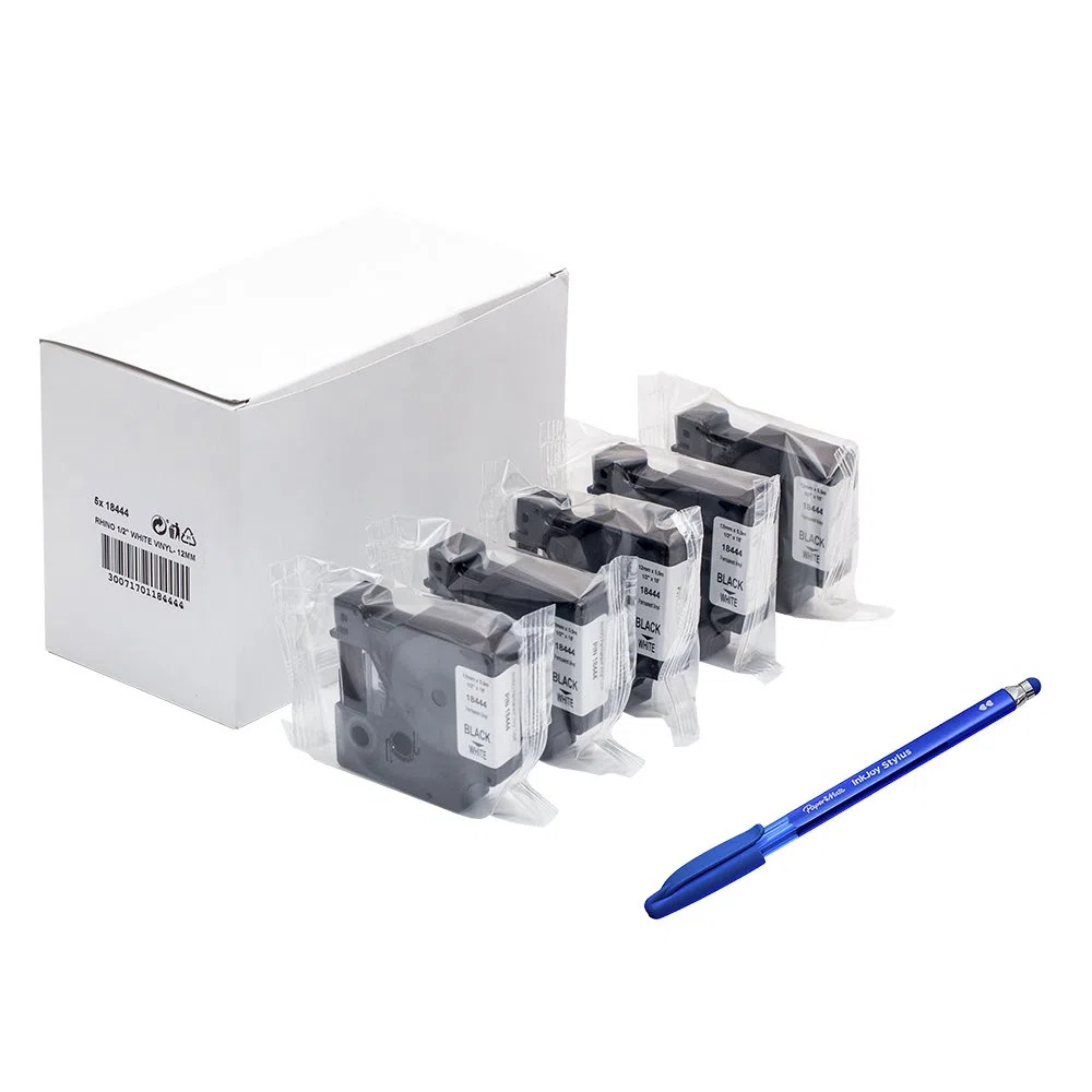 5?X Dymo 18444?Rhino industriel, autocollants, ?tiquettes en vinyle???Rouleau de 12?mm x 5.5?m, impression noir sur blanc + PAPERMATE Stylo Cadeau