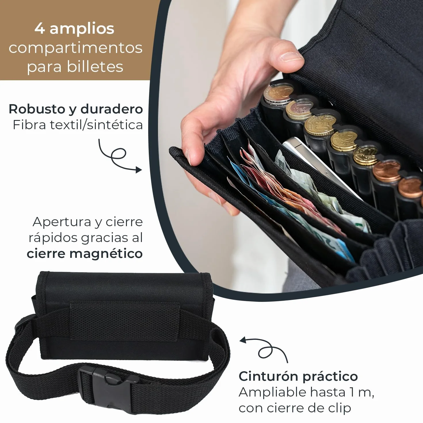 HMF Cartera de Camarero Profesional con Cambiador de Euros 20,5 x 6,5 x 10 cm Negro