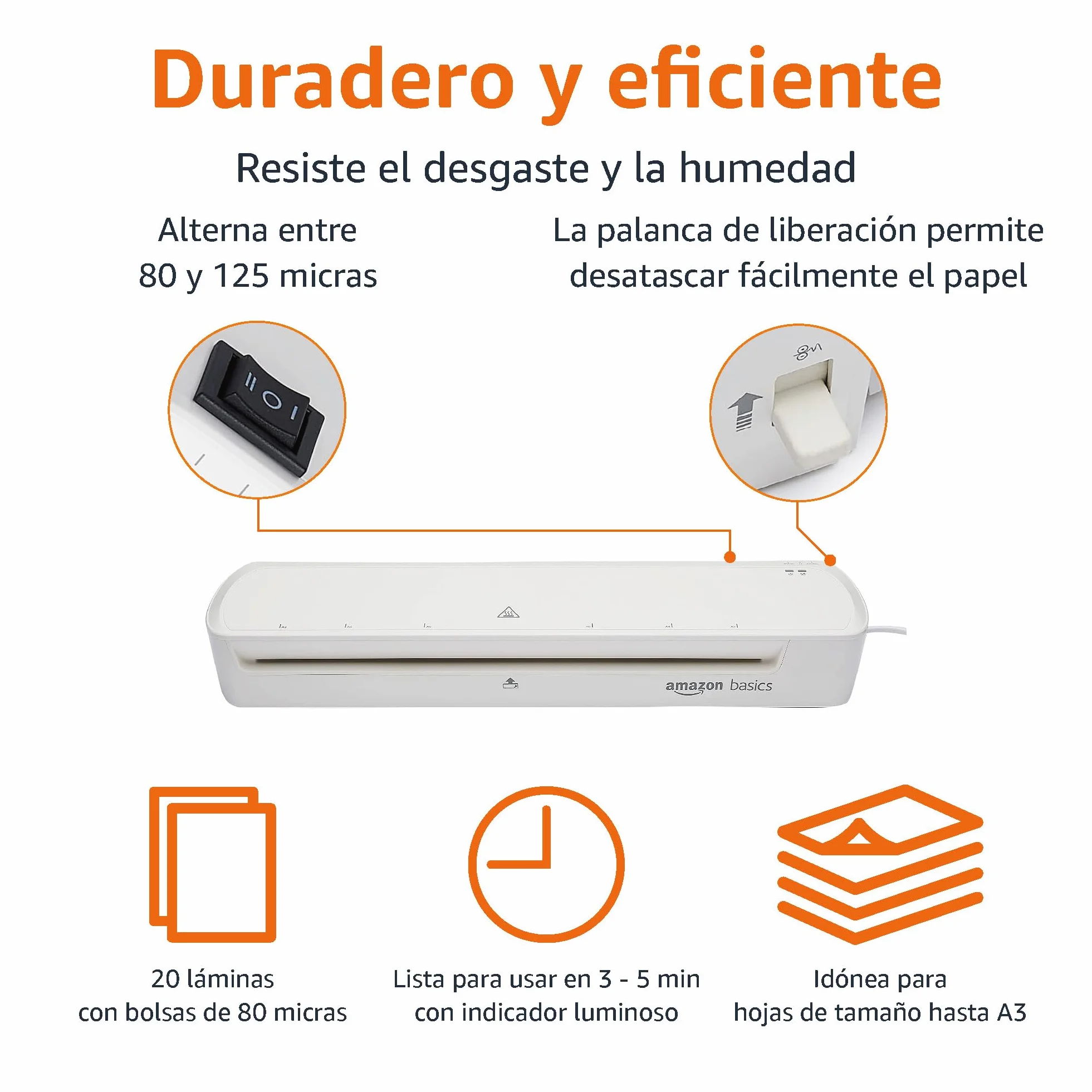 Amazon Basics Laminadora térmica, tamaño A3, incluye 20 láminas para plastificar, Blanco
