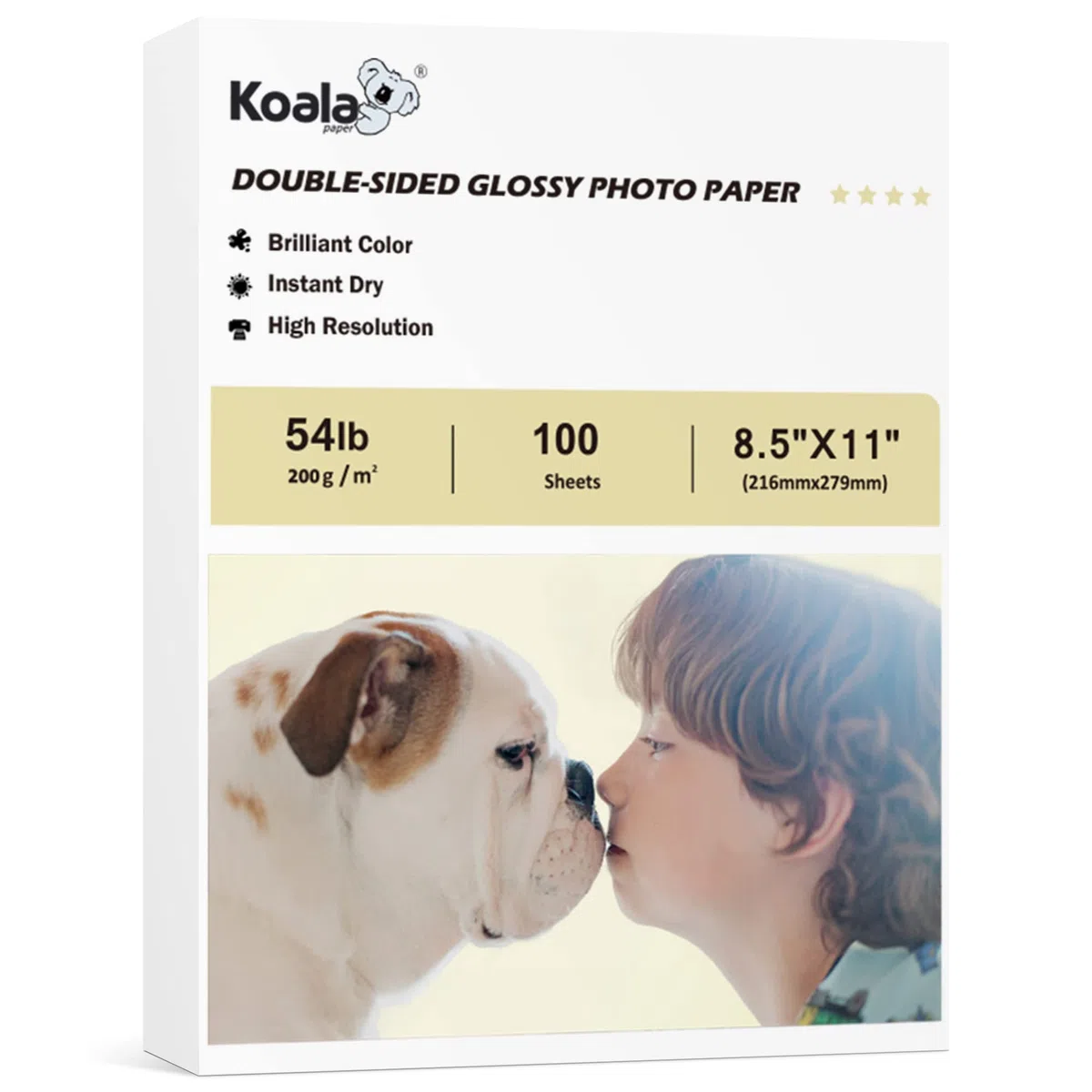Koala Papel fotográfico brillante de doble cara de 8.5 x 11 pulgadas, 55 libras, 100 hojas de papel fotográfico | Compatible con impresora de inyección de tinta y tinta de tinte para impresión de menú de calendario, 200 g/m²