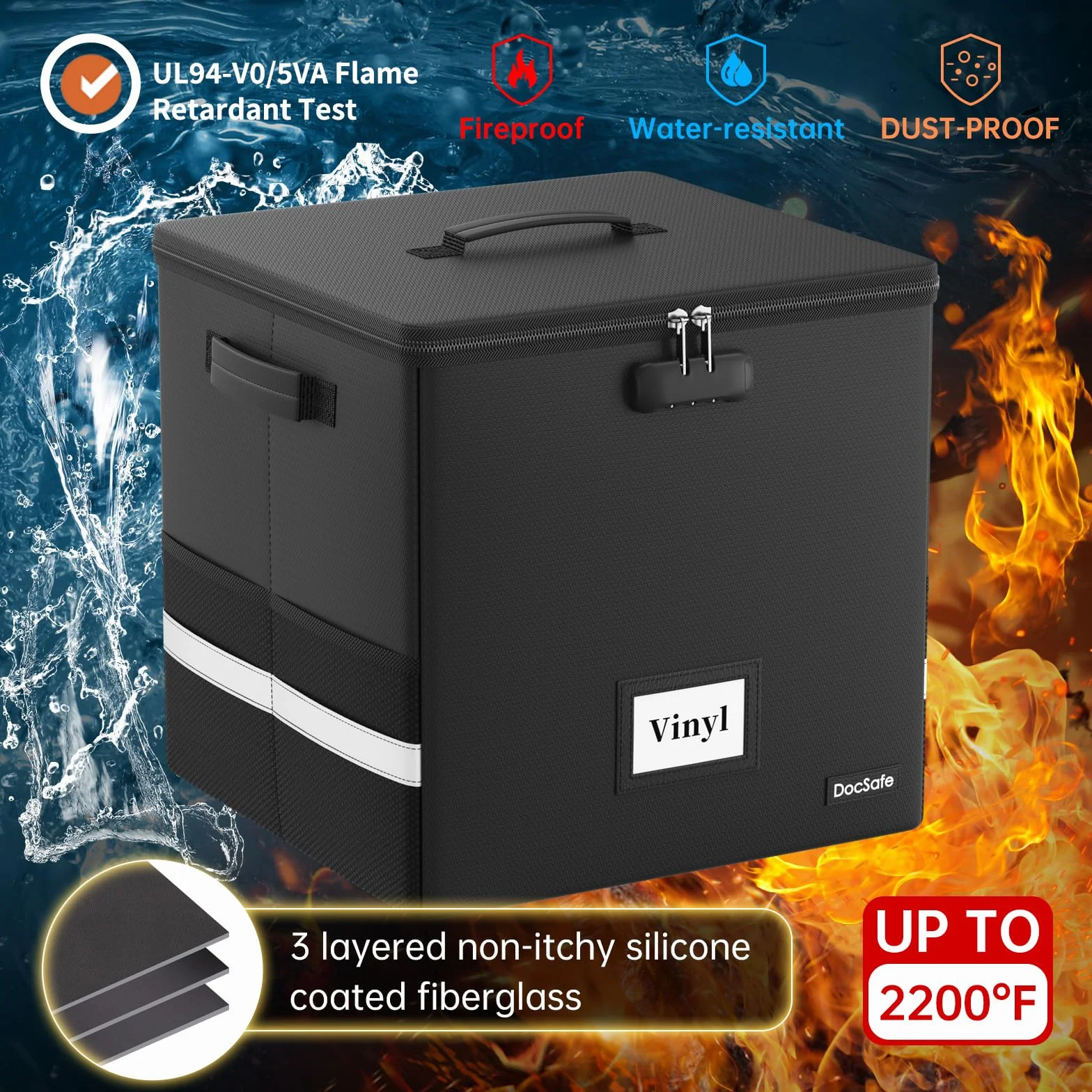 DocSafe Caja de almacenamiento de discos de vinilo ignífuga con cerradura, organizador de discos grande para más de 150 discos individuales, caja de almacenamiento plegable con tapa y asas para una