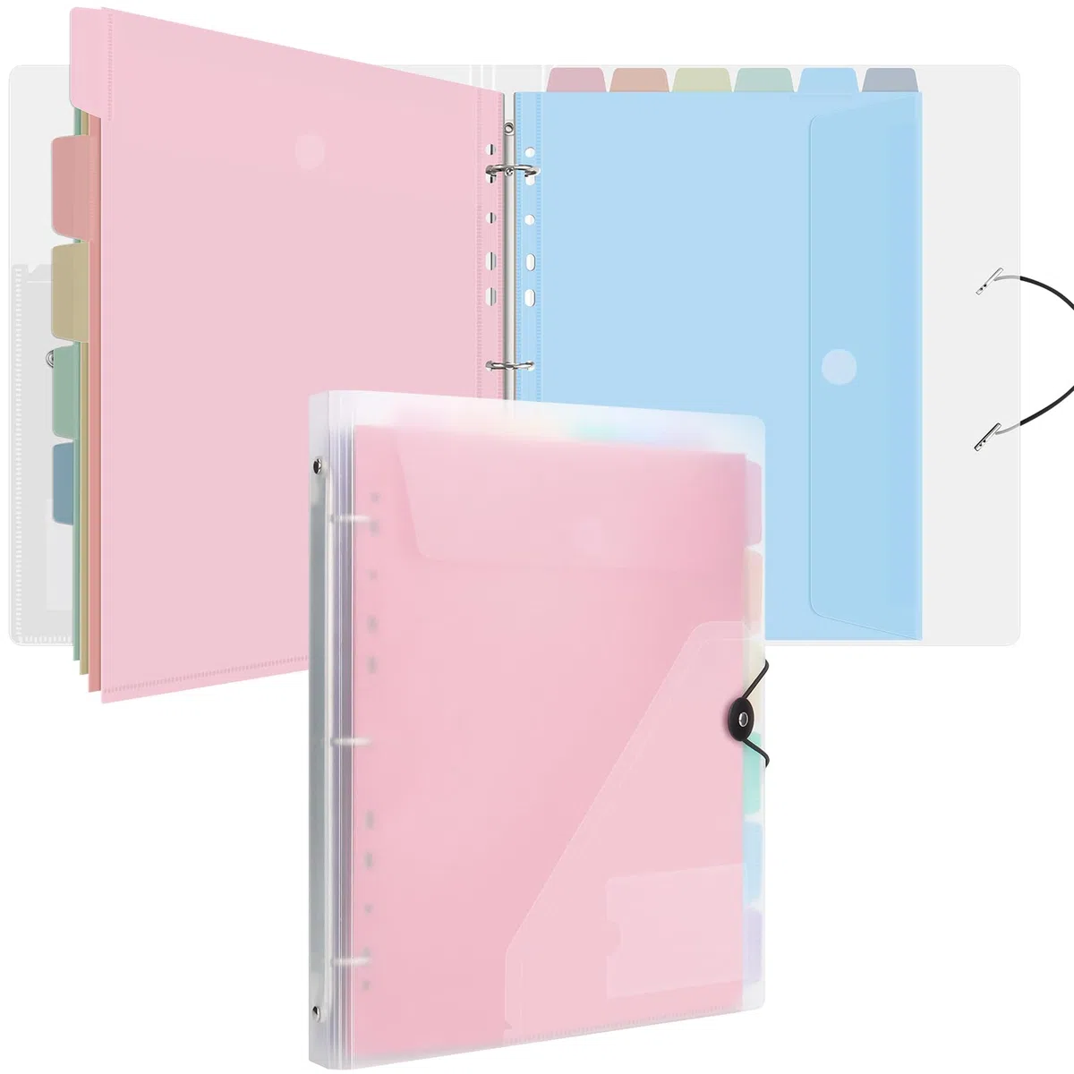 Uquelic Carpeta 3 Anillas A4– Carpetas Archivadoras con 12 Fundas Plástico A4 para Organizar y Archivar Documentos (Macarrón Transparente)