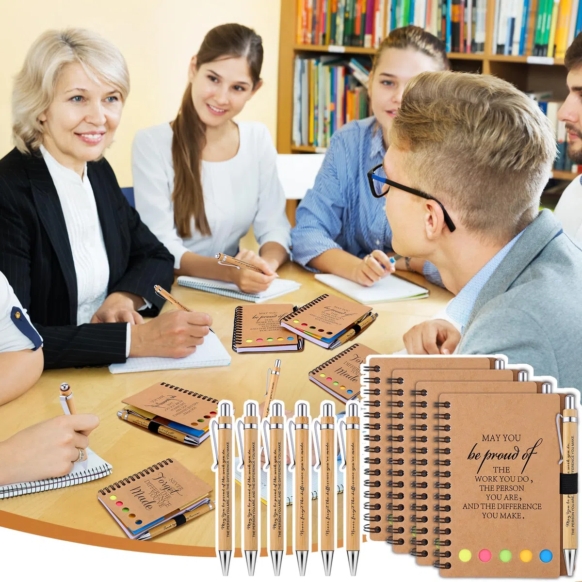 Regalos de agradecimiento para el regreso a clases para profesores, empleados, cuadernos inspiradores en espiral con notas adhesivas, blocs de notas, bolígrafos de bambú de agradecimiento a granel
