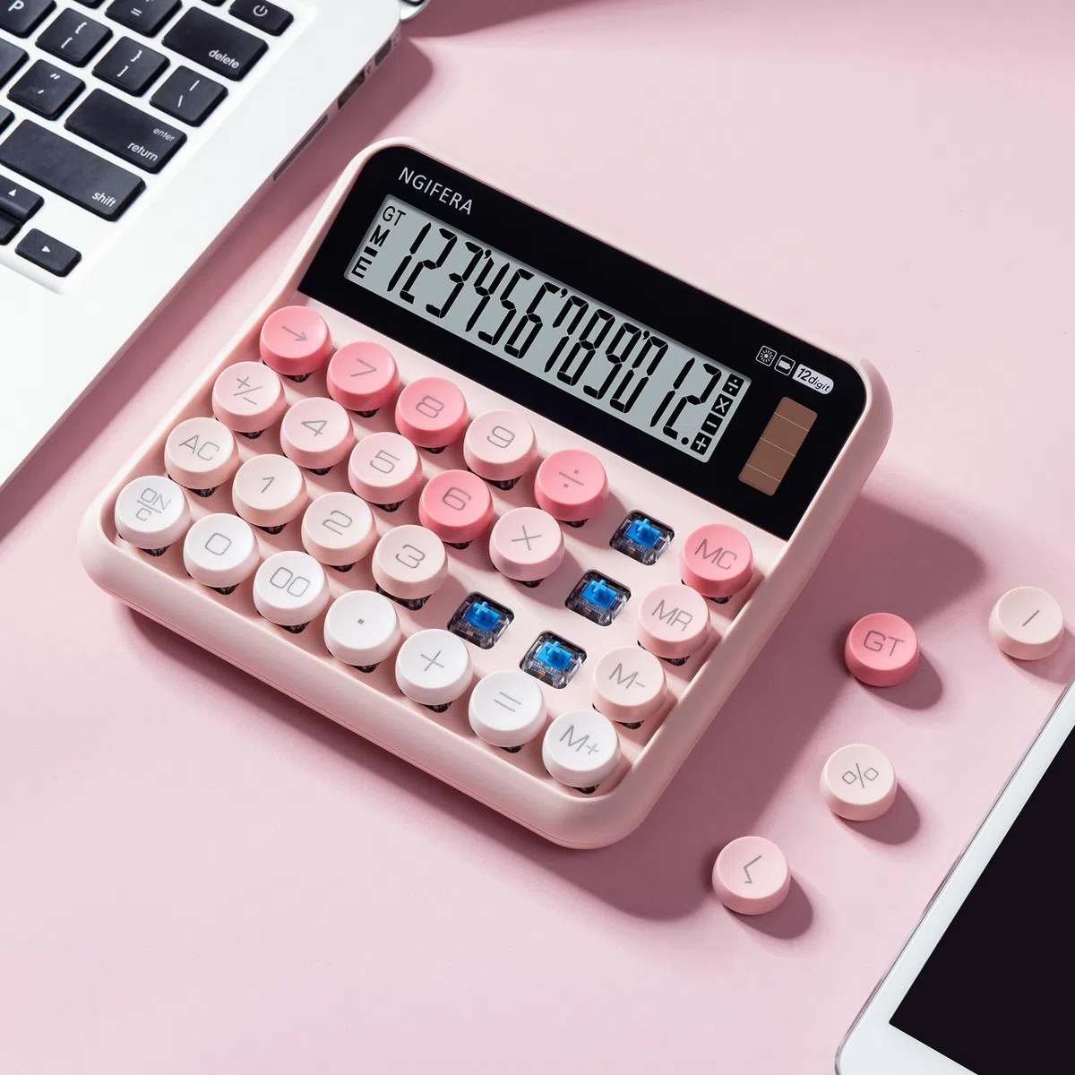 Calculadora de escritorio, pantalla HD de 12 dígitos con % de tecla | Teclado mecánico real, ideal para oficina, escuela o hogar