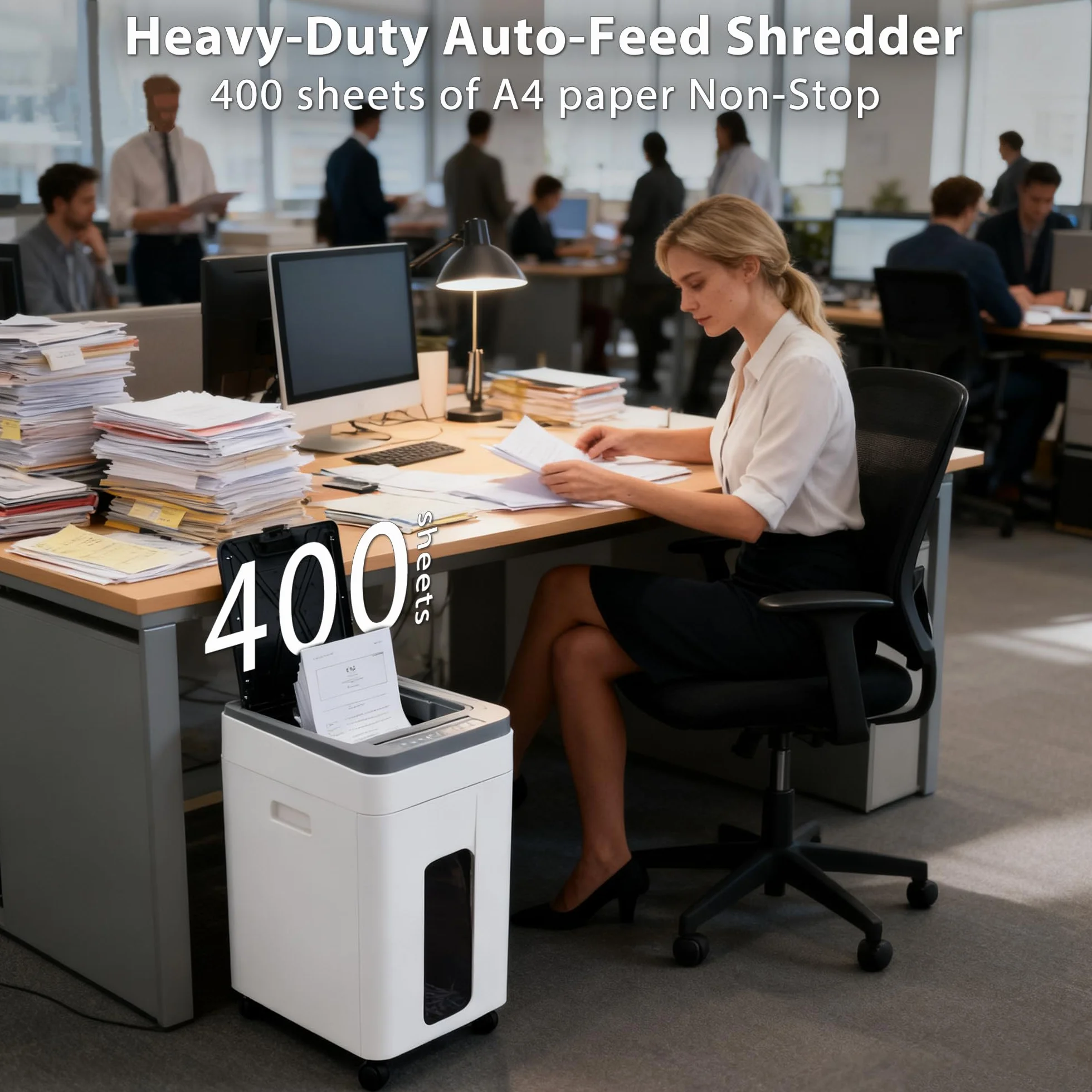 Trituradora de Documentos Automática Profesional: 400 Hojas Autoalimentación P5 Micro Corte Motor Silencioso Cubo Grande 50L con Ruedas Ideal para Oficina Comercial y Uso Doméstico