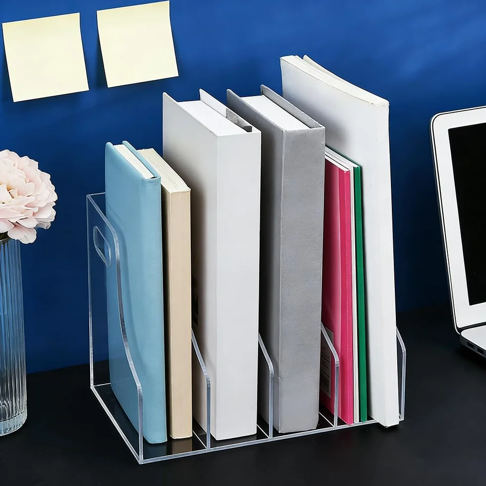 Organizador de escritorio de acrílico transparente PH PandaHall 4 compartimentos verticales para archivos y libros