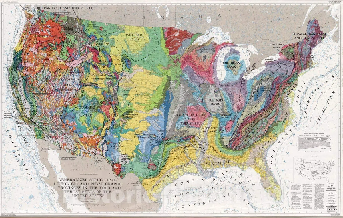 Mapa histórico, mapa de pared, Estados Unidos, geología: provincias fisiográficas y estructurales 1983, arte de pared vintage, 24 x 16 pulgadas